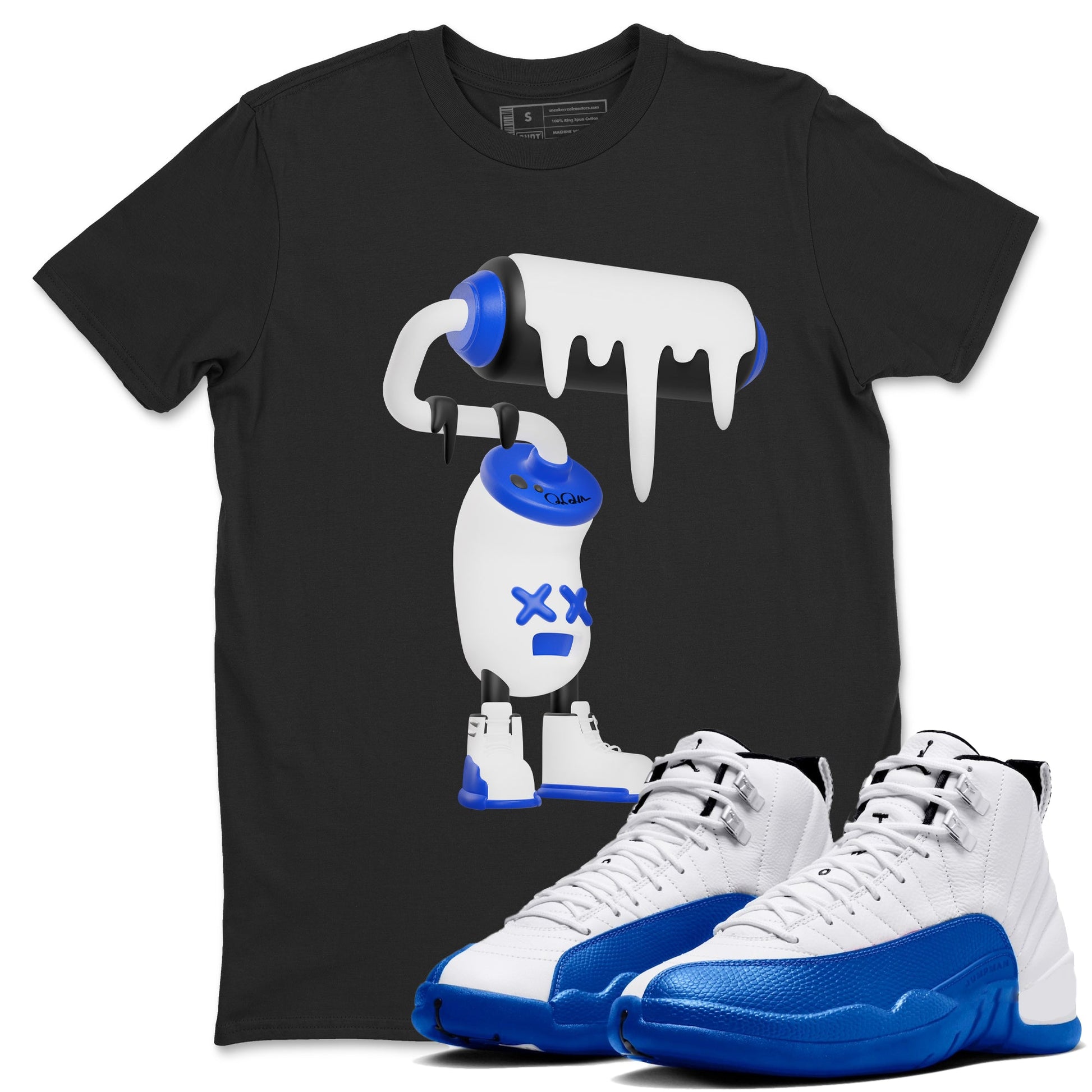 12s Blueberry shirts to match jordans 3D Paint Roller best t shirts to wear with jordans AJ12 White and Game Royal match shoes to clothes SNRT Sneaker Tees unisex cotton Black 2 shirts
