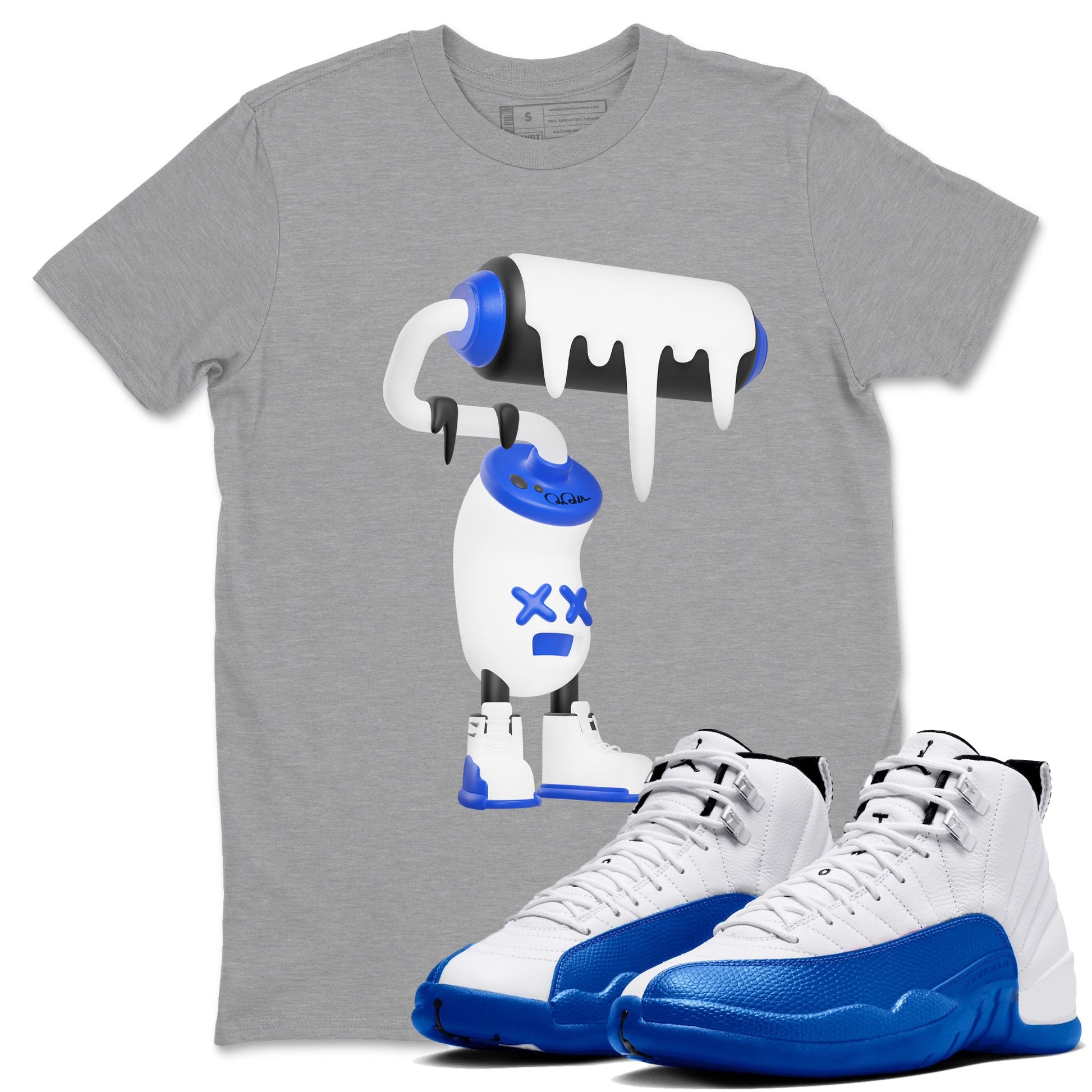 12s Blueberry shirts to match jordans 3D Paint Roller best t shirts to wear with jordans AJ12 White and Game Royal match shoes to clothes SNRT Sneaker Tees unisex cotton Heather Grey 2 shirts
