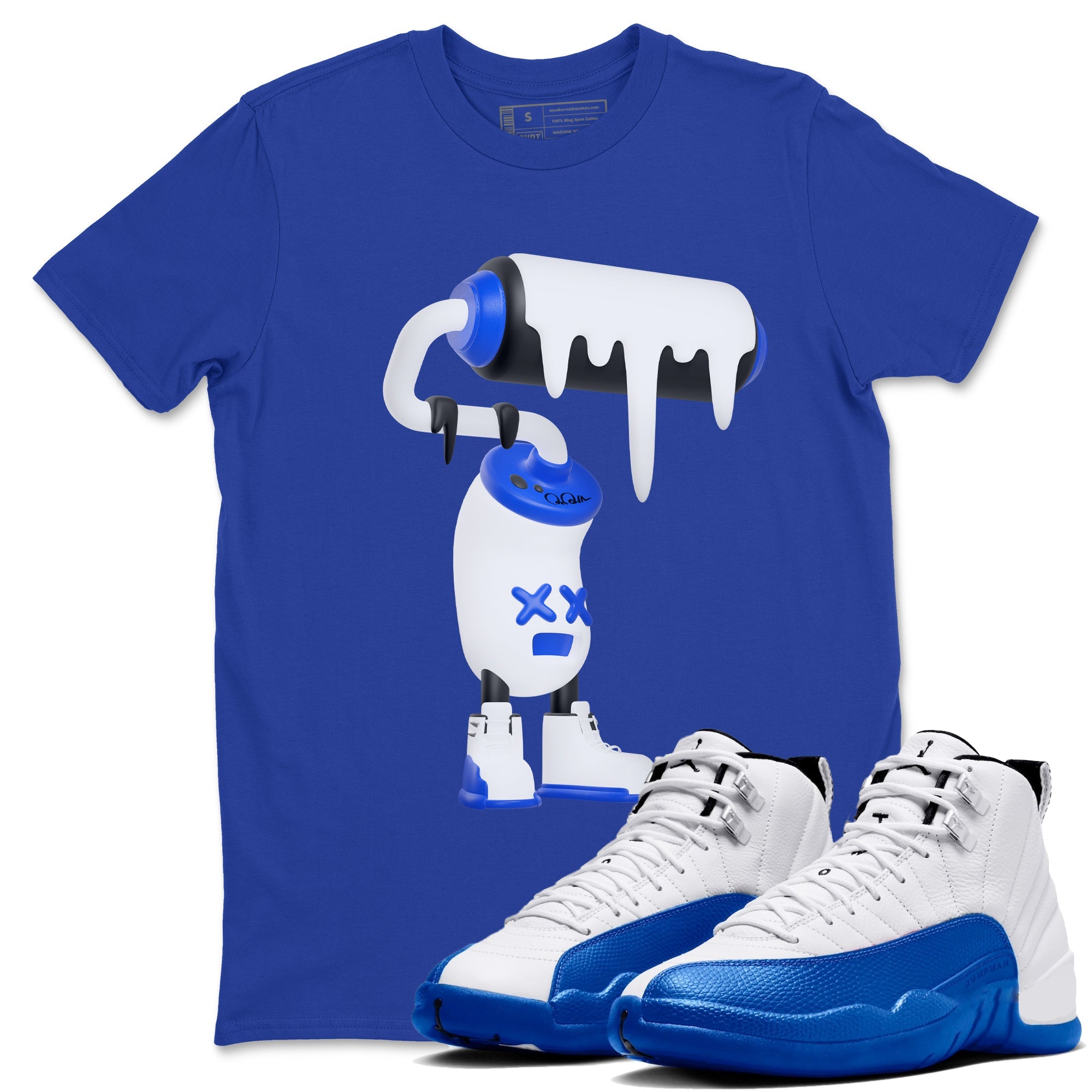 12s Blueberry shirts to match jordans 3D Paint Roller best t shirts to wear with jordans AJ12 White and Game Royal match shoes to clothes SNRT Sneaker Tees unisex cotton Royal Blue 1 shirts