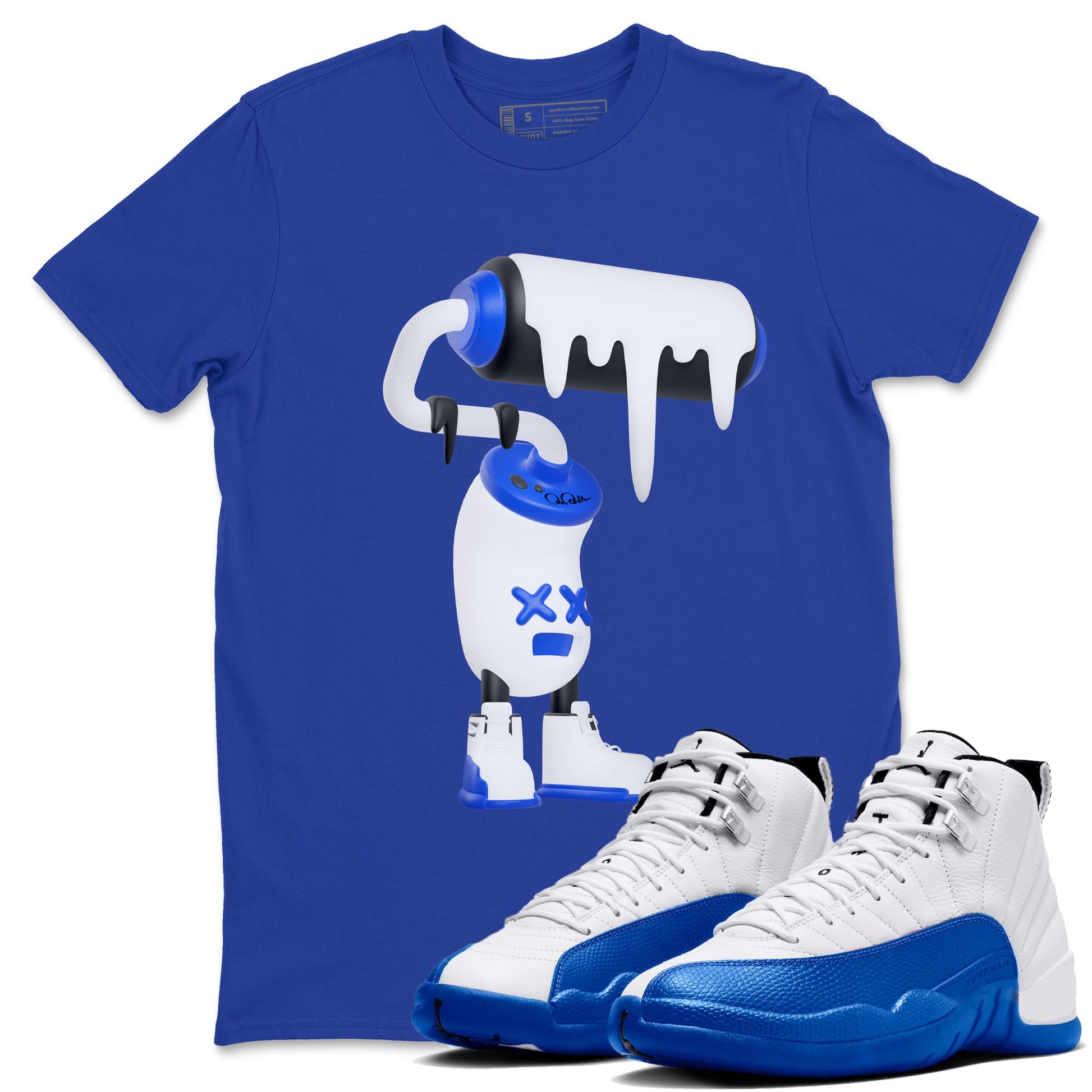 12s Blueberry shirts to match jordans 3D Paint Roller best t shirts to wear with jordans AJ12 White and Game Royal match shoes to clothes SNRT Sneaker Tees unisex cotton Royal Blue 1 shirts