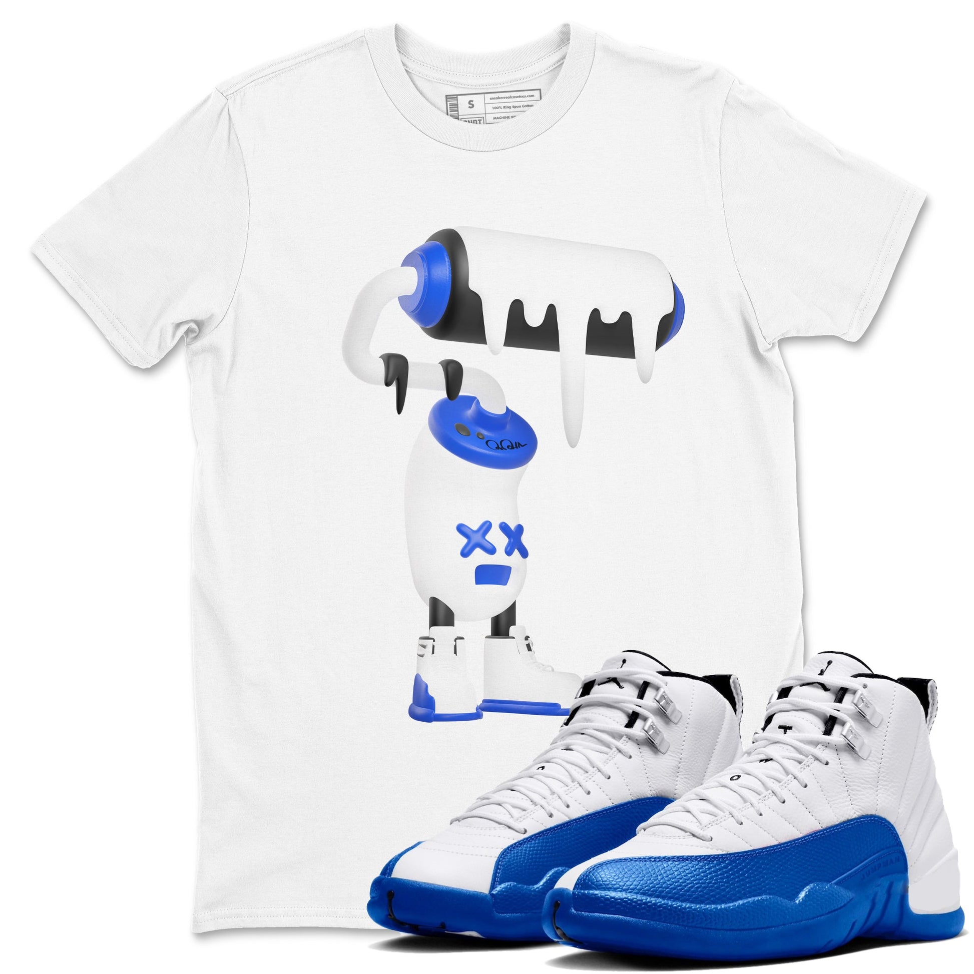 12s Blueberry shirts to match jordans 3D Paint Roller best t shirts to wear with jordans AJ12 White and Game Royal match shoes to clothes SNRT Sneaker Tees unisex cotton White 1 shirts