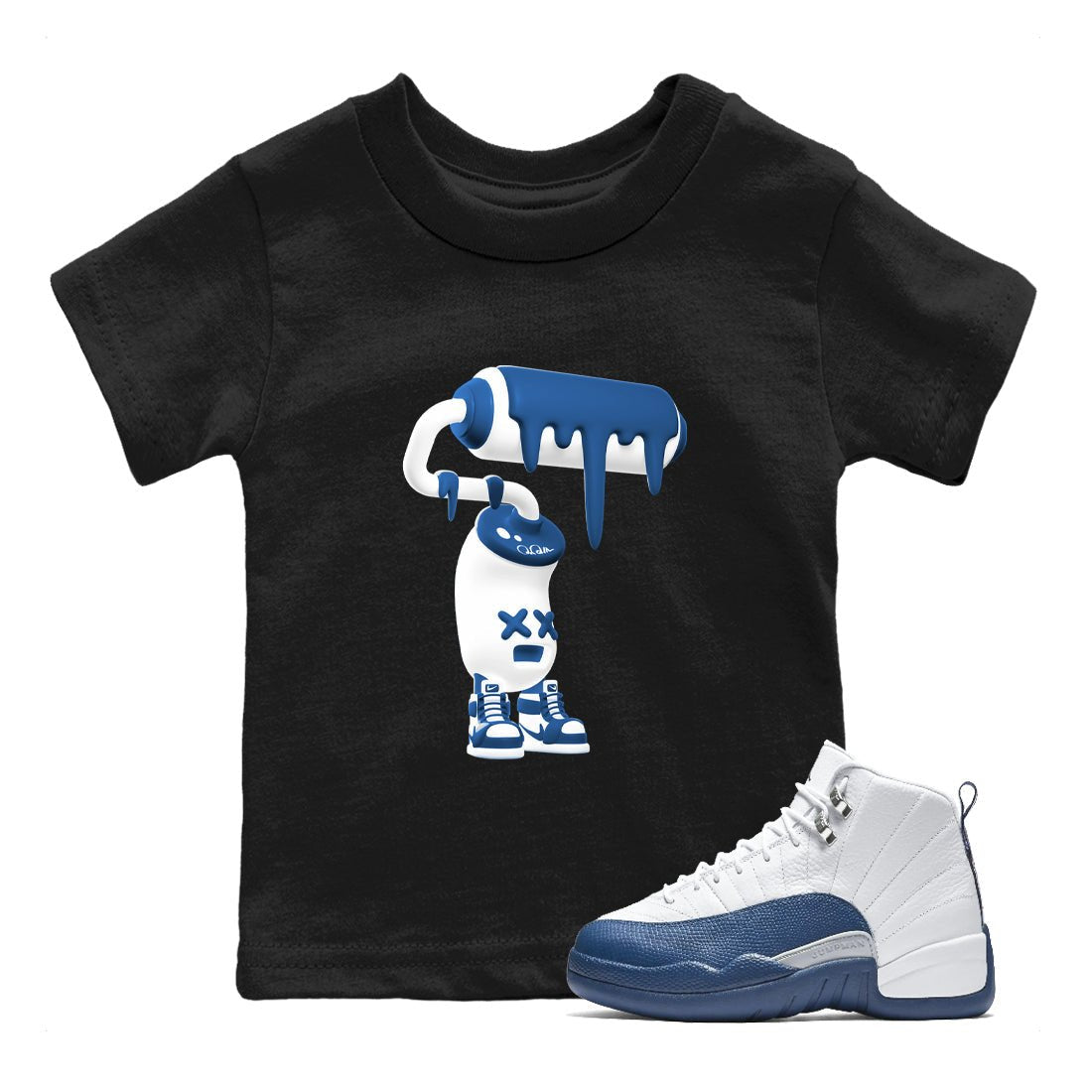 3D Paint Roller baby and kids t-shirt crafted for little sneakerheads to with the Air Jordan 12 French Blue sneakers, displayed in Black 1.