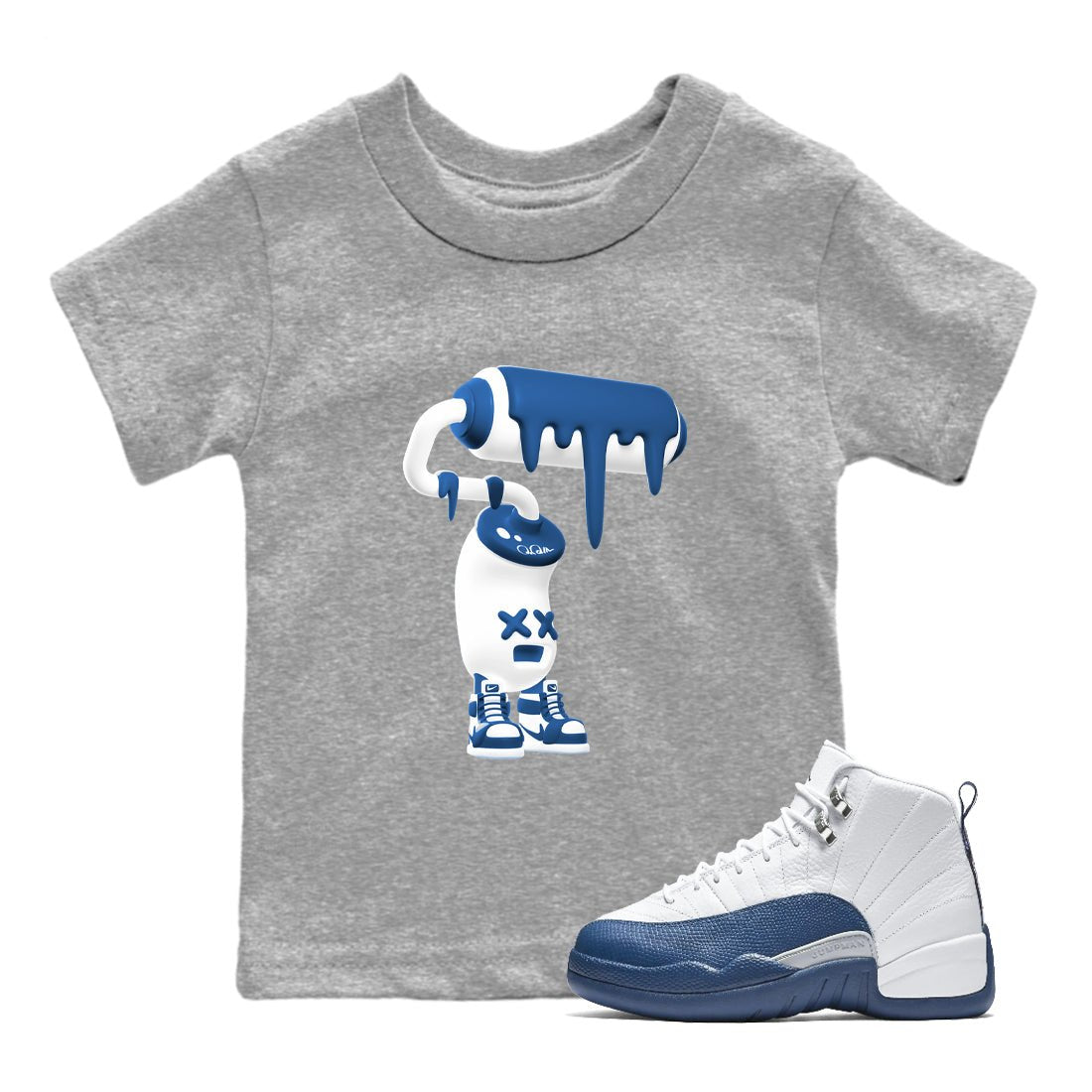 3D Paint Roller baby and kids t-shirt crafted for little sneakerheads to with the Air Jordan 12 French Blue sneakers, displayed in Heather Grey 1.