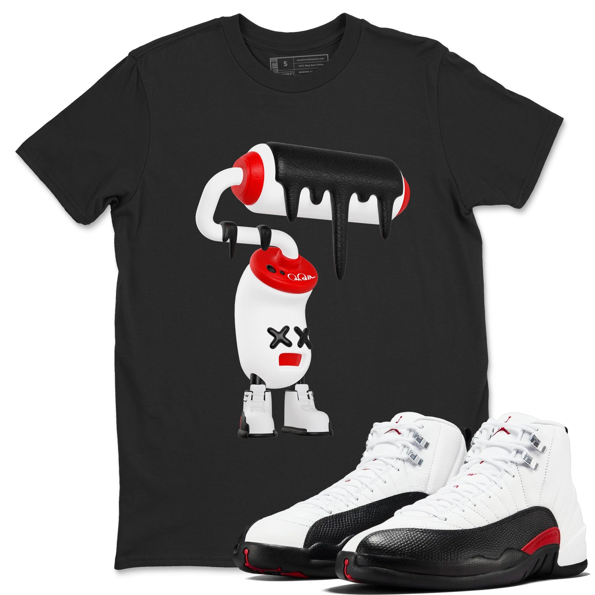 12s Taxi Flip shirts to match jordans 3D Paint Roller sneaker match tees Air Jordan 12 Taxi Flip SNRT Sneaker Tees streetwear brand Black 1 unisex cotton tee