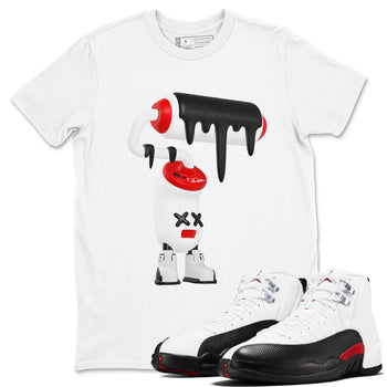 12s Taxi Flip shirts to match jordans 3D Paint Roller sneaker match tees Air Jordan 12 Taxi Flip SNRT Sneaker Tees streetwear brand White 1 unisex cotton tee