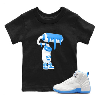 3D Paint Roller baby and kids t-shirt crafted for little sneakerheads to shine with the Air Jordan 12 White and University Blue sneakers, displayed in Black 1.