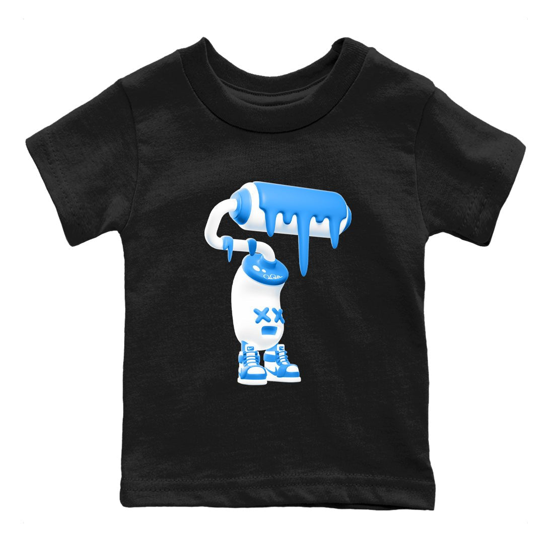 3D Paint Roller baby and kids t-shirt crafted for little sneakerheads to shine with the Air Jordan 12 White and University Blue sneakers, displayed in Black 2.