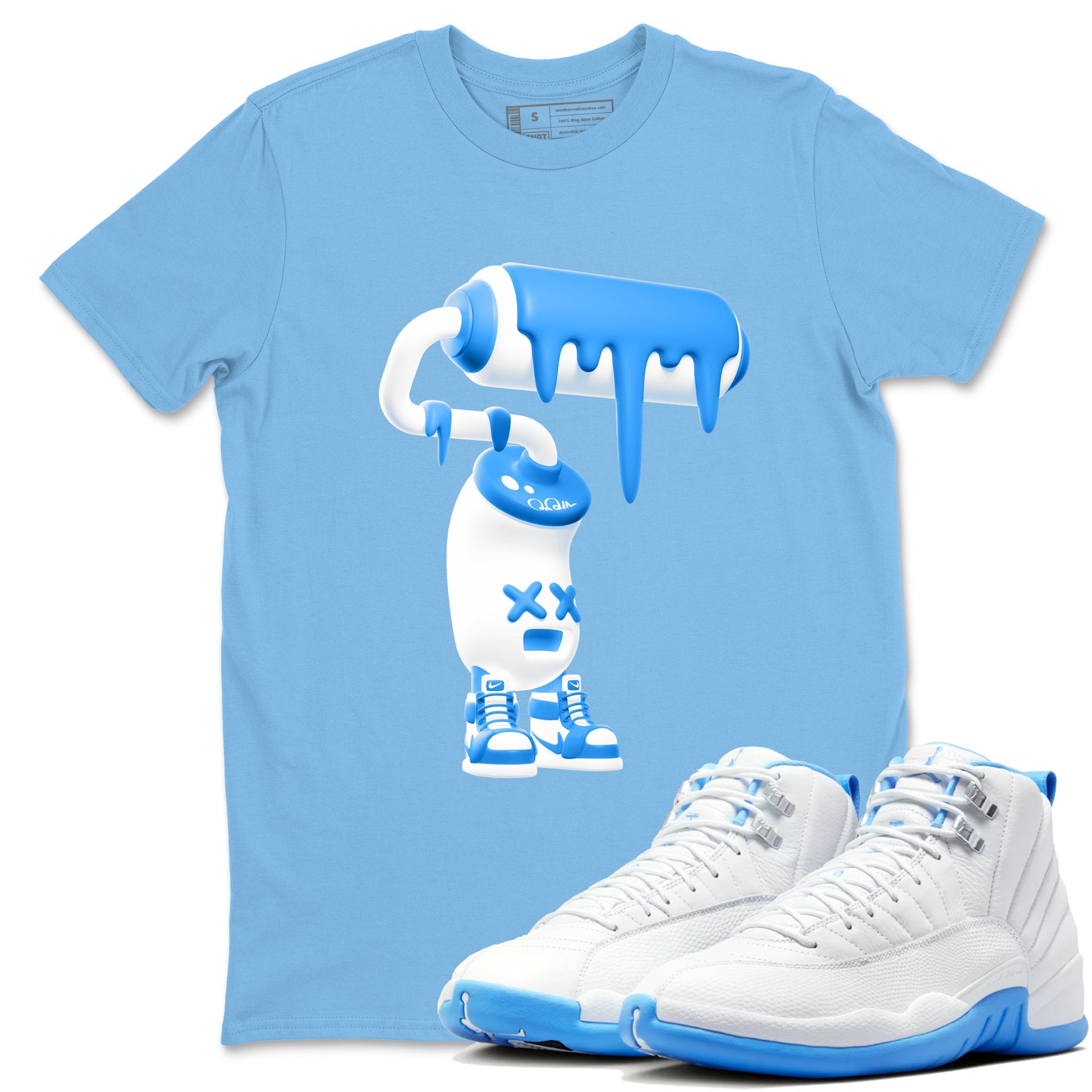 3D Paint Roller sneaker match t-shirt styled to complete your fit with the Air Jordan 12 White and University Blue sneakers, shown in Carolina Blue 1.