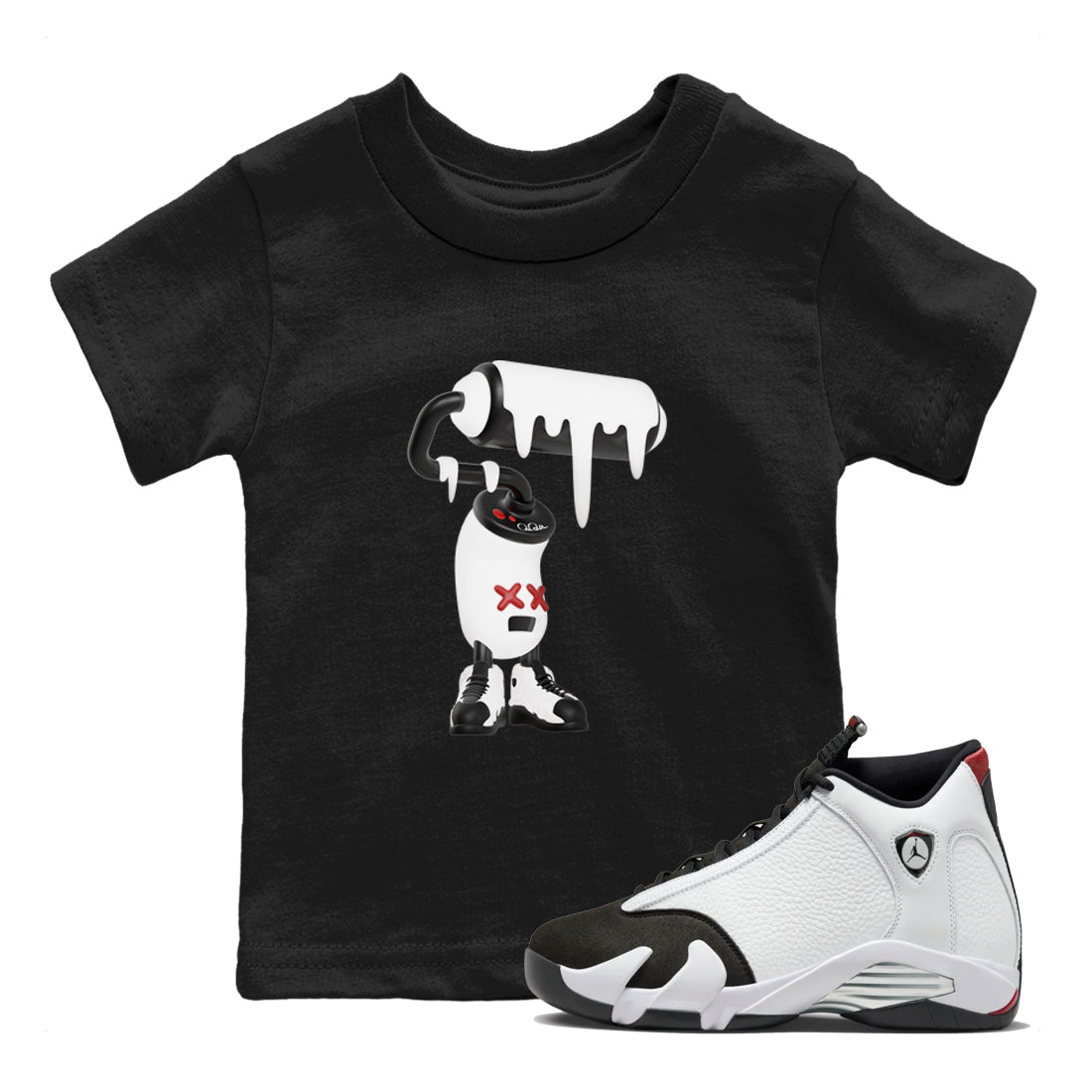 14s Black Toe shirts to match jordans 3D Paint Roller graphic tees Air Jordan 14 Black Toe t shirts to match sneakers SNRT Sneaker Tees Youth Baby Black 1 tee