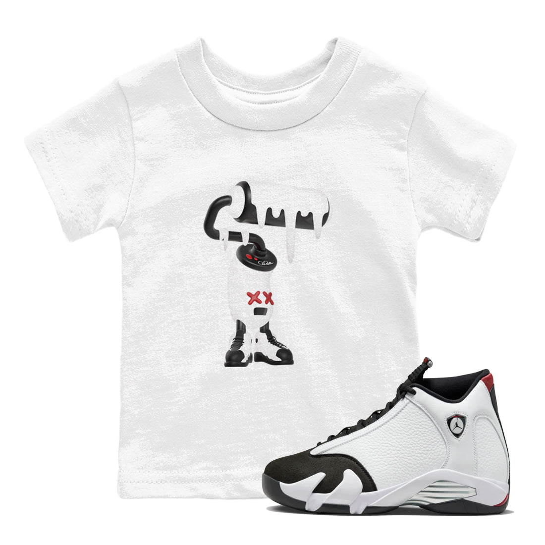 14s Black Toe shirts to match jordans 3D Paint Roller graphic tees Air Jordan 14 Black Toe t shirts to match sneakers SNRT Sneaker Tees Youth Baby White 1 tee