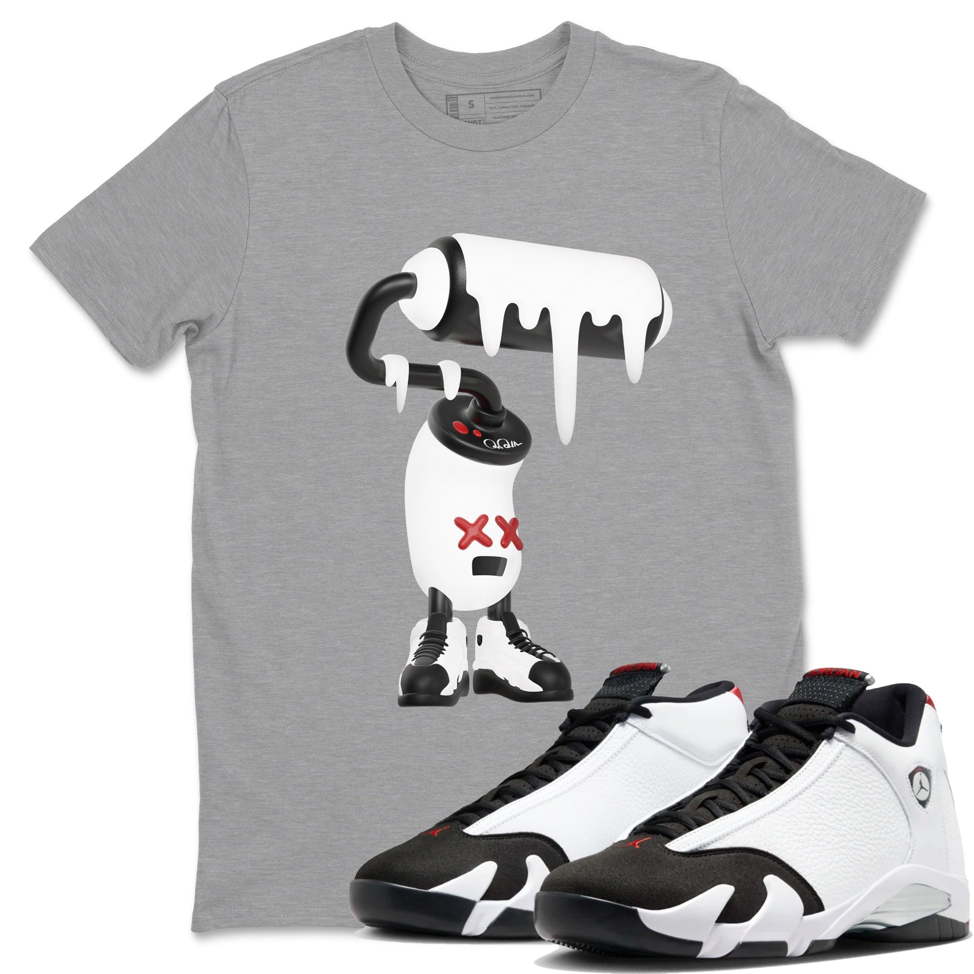 14s Black Toe shirts to match jordans 3D Paint Roller graphic tees Air Jordan 14 Black Toe t shirts to match sneakers SNRT Sneaker Tees unisex cotton Heather Grey 1 shirts