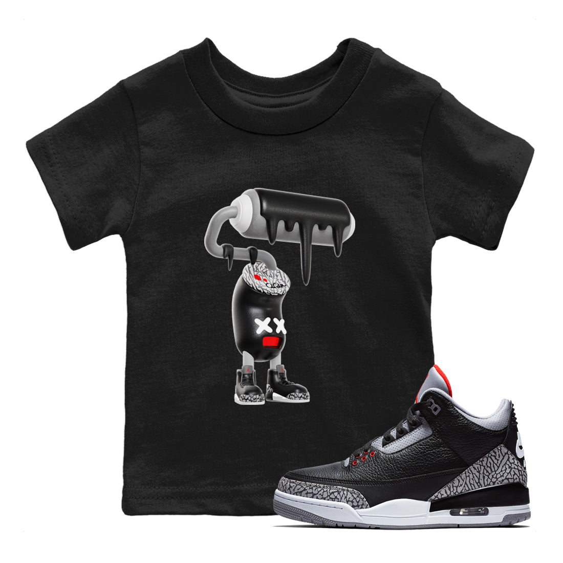 3s Black Cement shirts to match jordans 3D Paint Roller sneaker match tees Air Jordan 3 Black Cement match shoes to clothes SNRT Sneaker Tees Youth Baby Black 1 tee