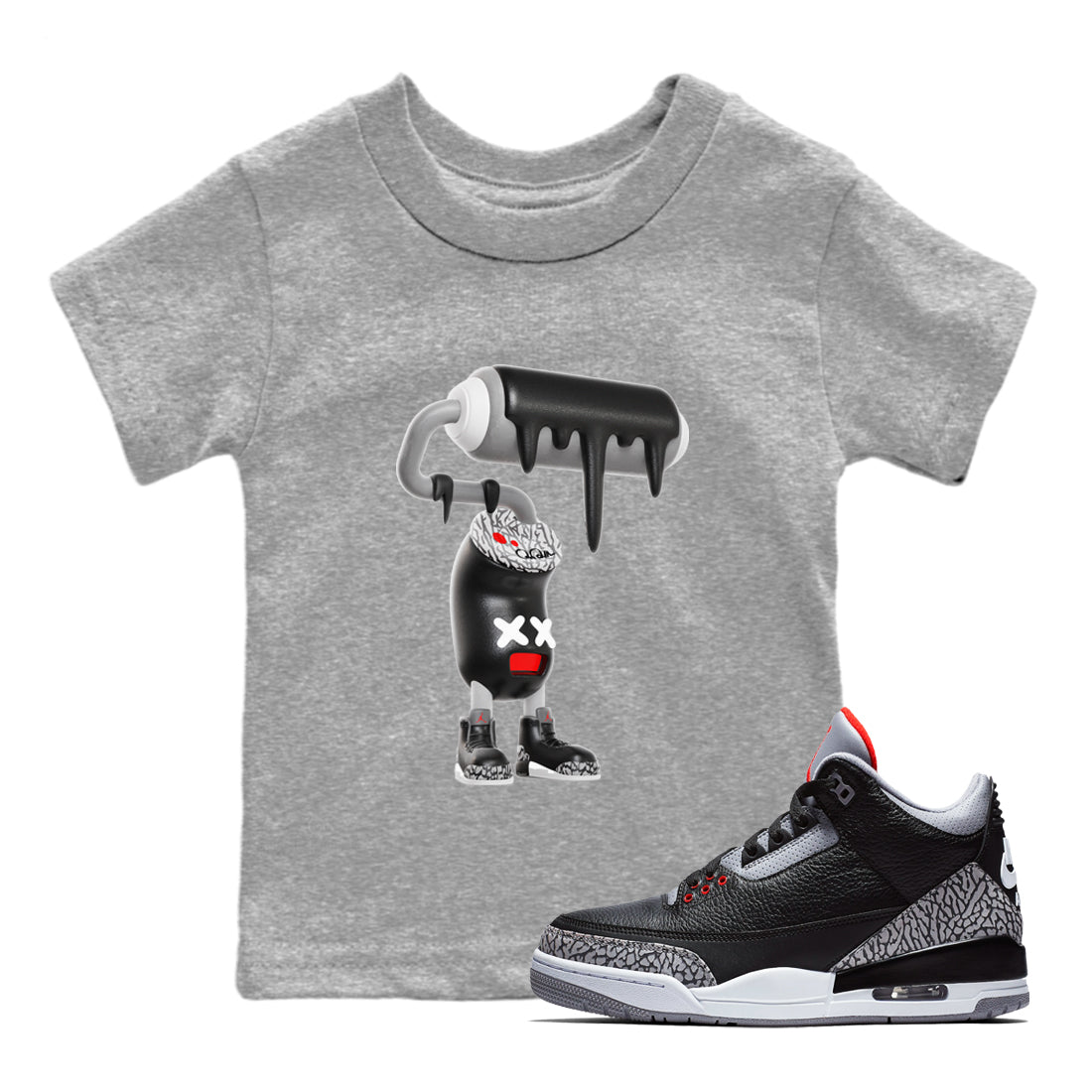 3s Black Cement shirts to match jordans 3D Paint Roller sneaker match tees Air Jordan 3 Black Cement match shoes to clothes SNRT Sneaker Tees Youth Baby Heather Grey 1 tee