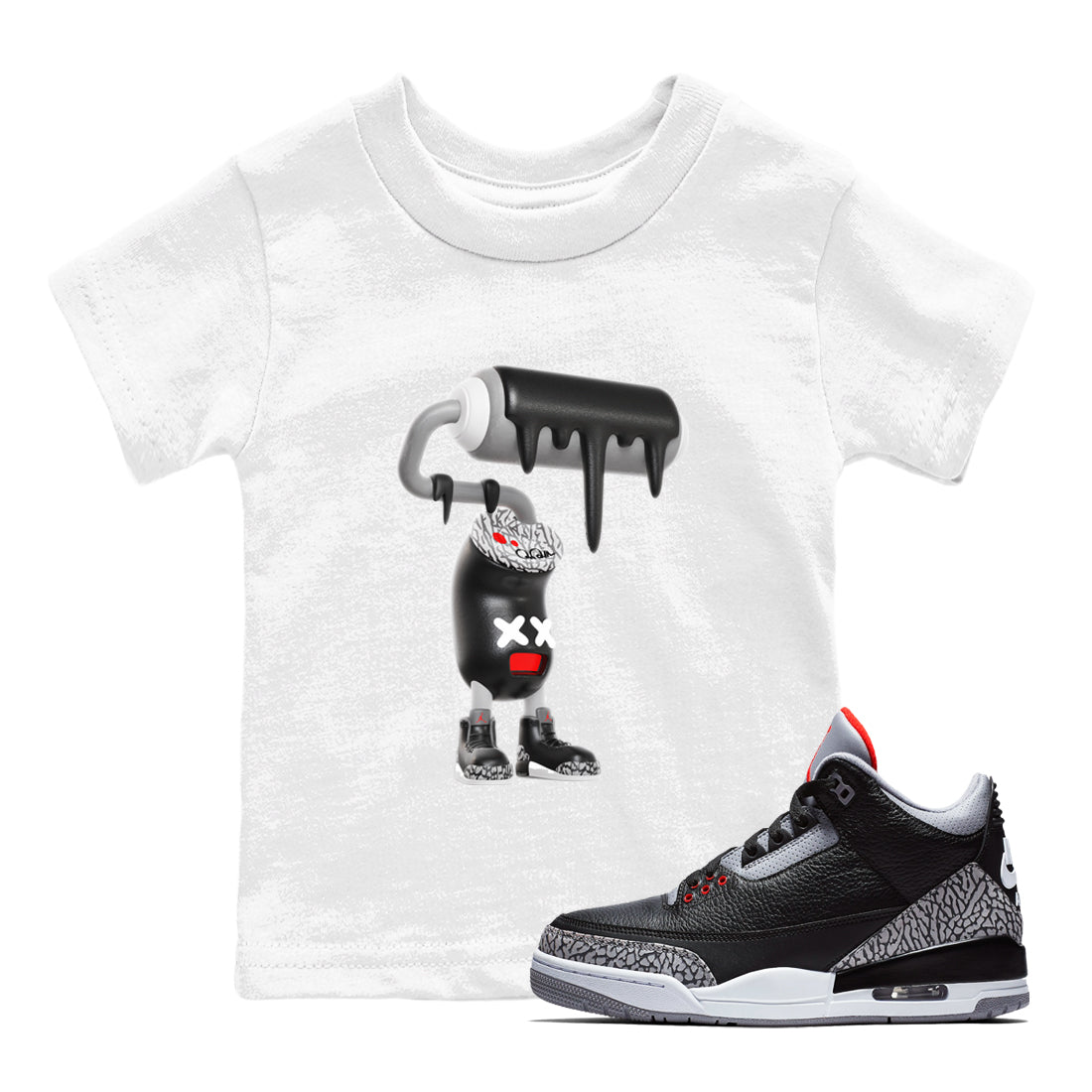 3s Black Cement shirts to match jordans 3D Paint Roller sneaker match tees Air Jordan 3 Black Cement match shoes to clothes SNRT Sneaker Tees Youth Baby White 1 tee