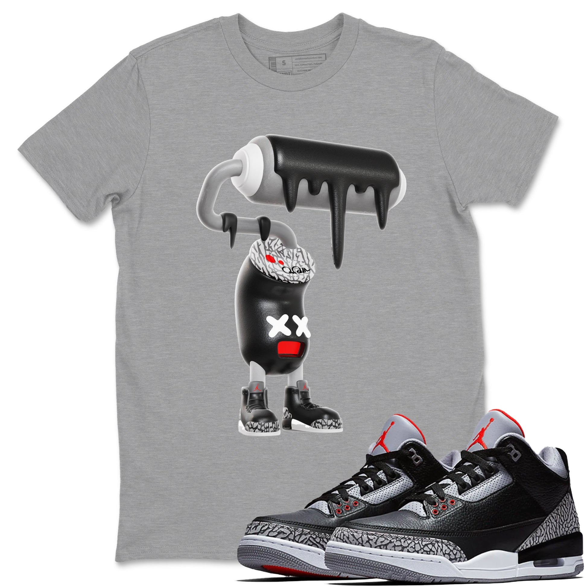 3s Black Cement shirts to match jordans 3D Paint Roller sneaker match tees Air Jordan 3 Black Cement match shoes to clothes SNRT Sneaker Tees unisex cotton Heather Grey 1 shirts