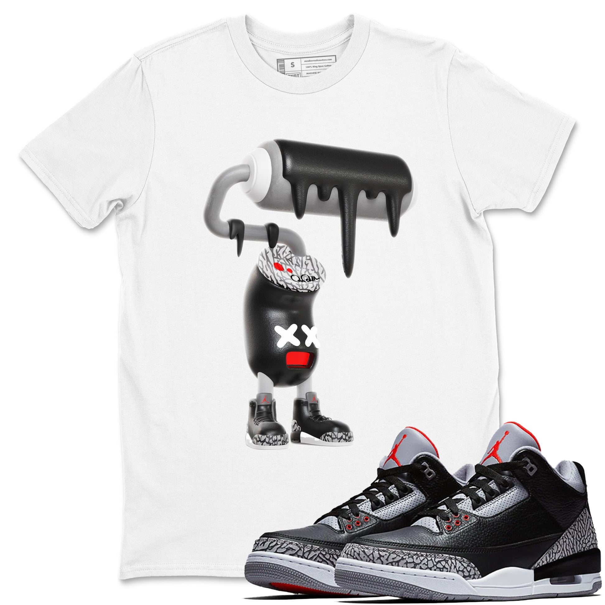 3s Black Cement shirts to match jordans 3D Paint Roller sneaker match tees Air Jordan 3 Black Cement match shoes to clothes SNRT Sneaker Tees unisex cotton White 1 shirts