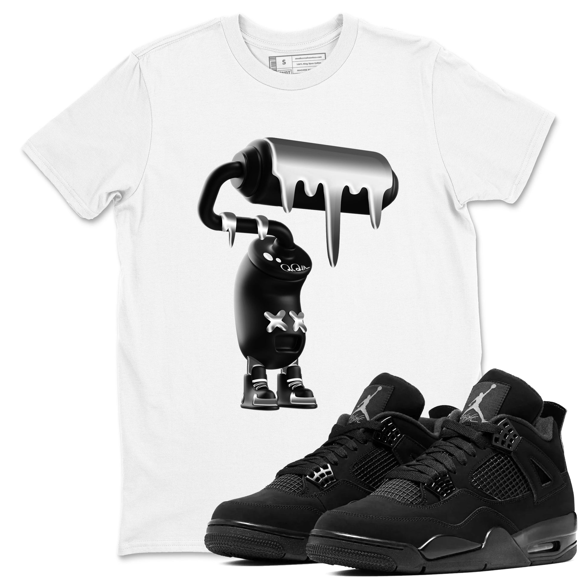 4s Black Cat Sneaker match tees – Sneaker Tees To Match Air Jordan 4 Black Cat Shoes – 3D Paint Roller Tee White 1