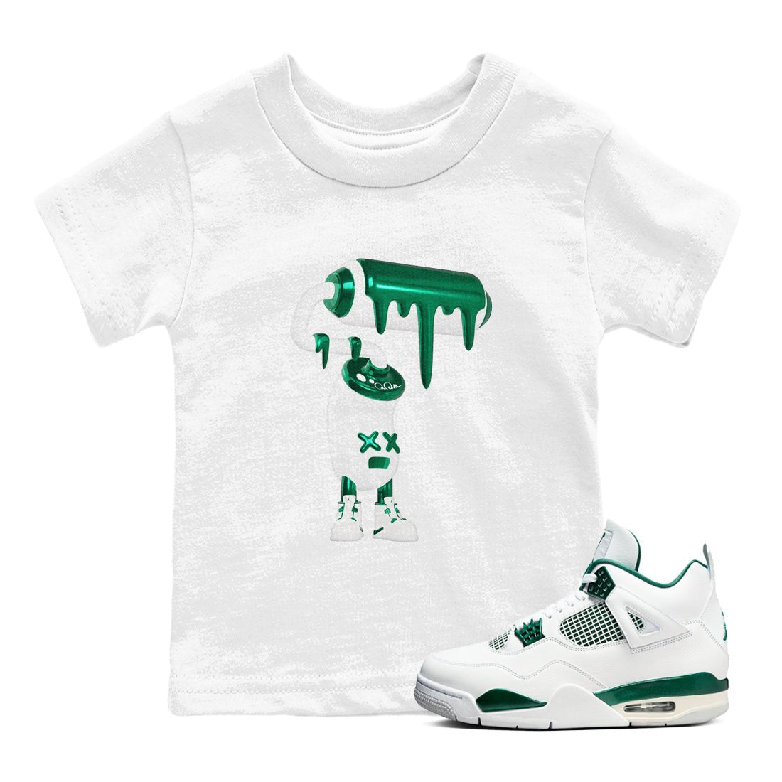 4s Oxidized Green shirts to match jordans 3D Paint Roller sneaker match tees Air Jordan 4 Oxidized Green SNRT Sneaker Tees streetwear brand Baby and Youth White 1 cotton tee
