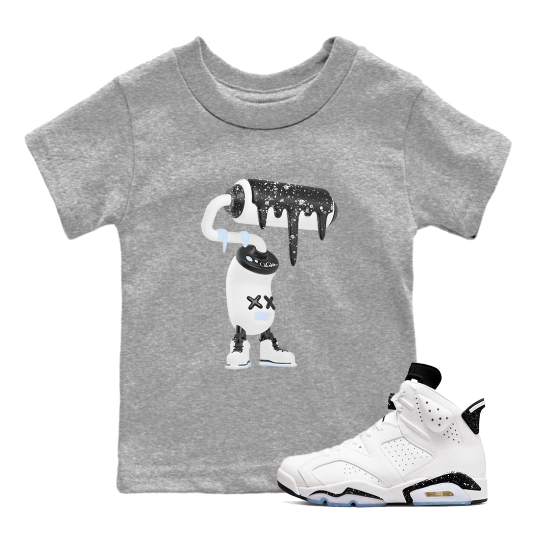 AJ6 White Black shirts to match jordans 3D Paint Roller sneaker match tees Air Jordan 6 White Black SNRT Sneaker Tees streetwear brand Baby and Youth Heather Grey 1 cotton tee