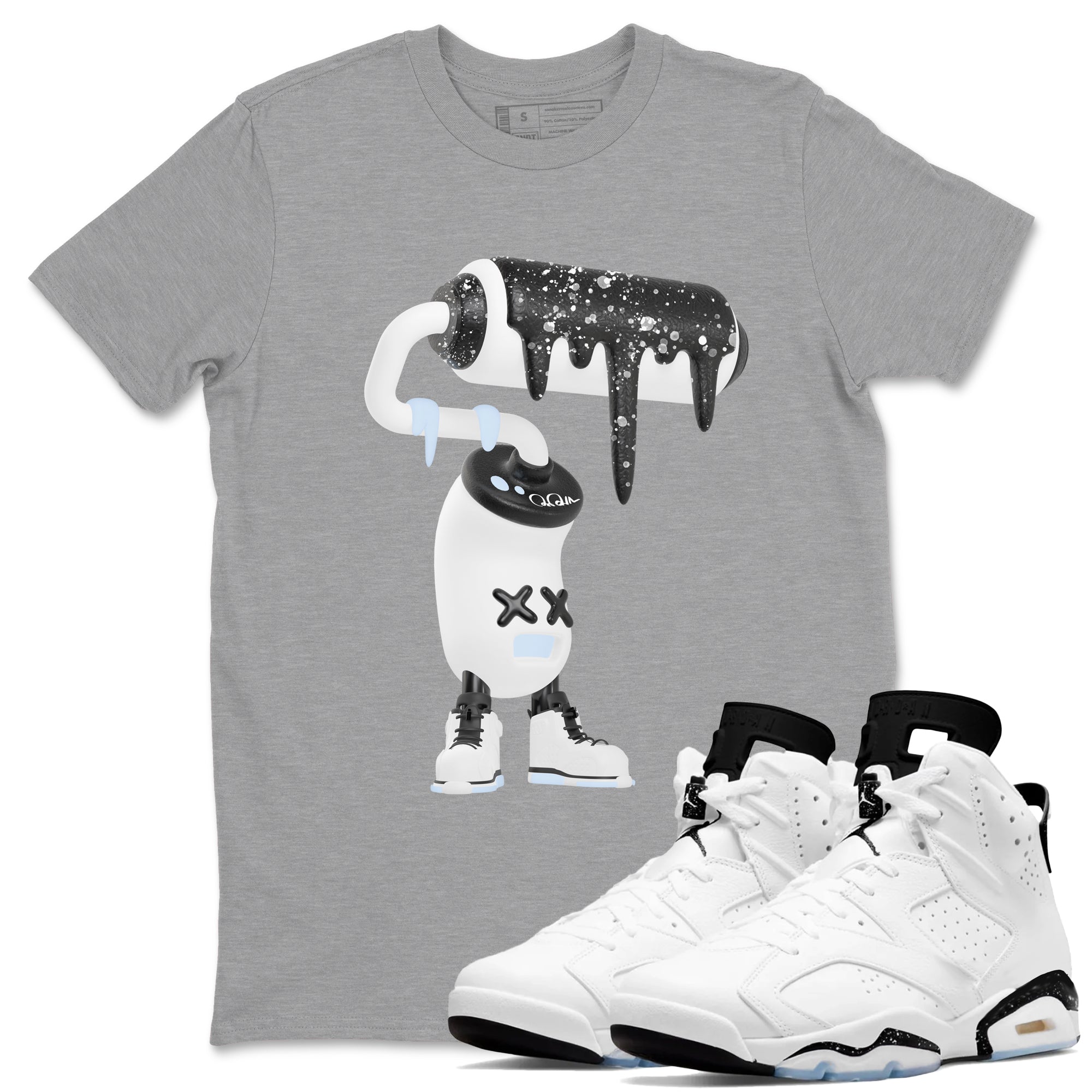 AJ6 White Black shirts to match jordans 3D Paint Roller sneaker match tees Air Jordan 6 White Black SNRT Sneaker Tees streetwear brand Heather Grey 1 unisex cotton tee