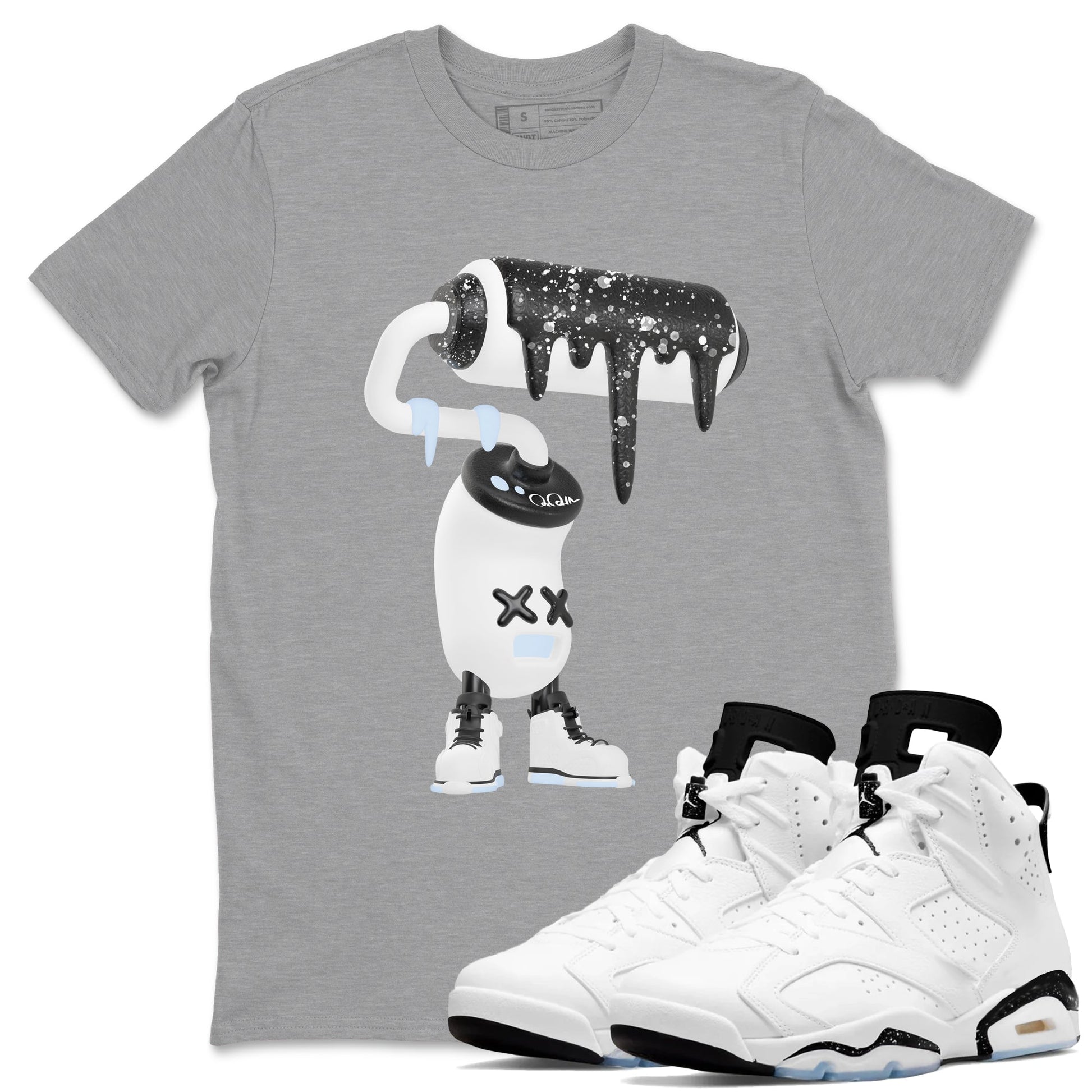 AJ6 White Black shirts to match jordans 3D Paint Roller sneaker match tees Air Jordan 6 White Black SNRT Sneaker Tees streetwear brand Heather Grey 1 unisex cotton tee