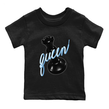 3D Queen baby and kids t-shirt crafted for little sneakerheads to shine with the Air Foamposite One Psychic Blue sneakers, displayed in Black 2.