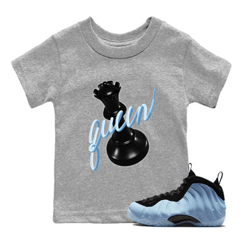 3D Queen baby and kids t-shirt crafted for little sneakerheads to shine with the Air Foamposite One Psychic Blue sneakers, displayed in Heather Grey 1.