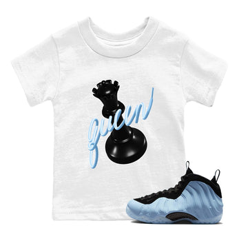 3D Queen baby and kids t-shirt crafted for little sneakerheads to shine with the Air Foamposite One Psychic Blue sneakers, displayed in White 1.