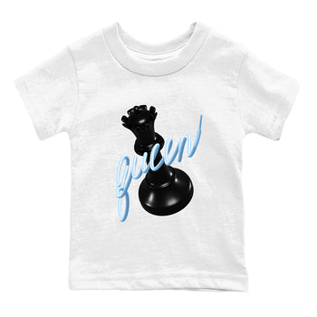 3D Queen baby and kids t-shirt crafted for little sneakerheads to shine with the Air Foamposite One Psychic Blue sneakers, displayed in White 2.