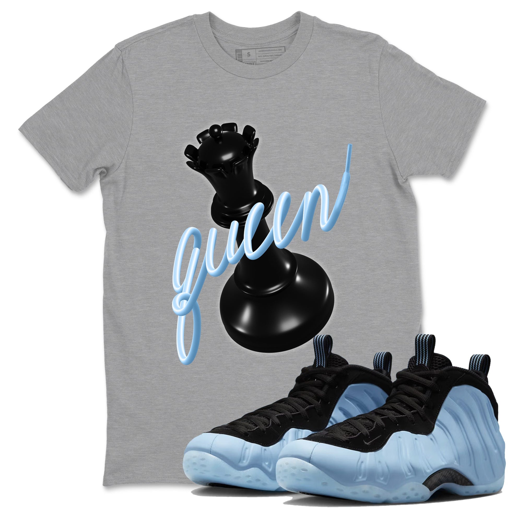 3D Queen sneaker match t-shirt styled to complete your fit with the Air Foamposite One Psychic Blue sneakers, shown in Heather Grey 1.