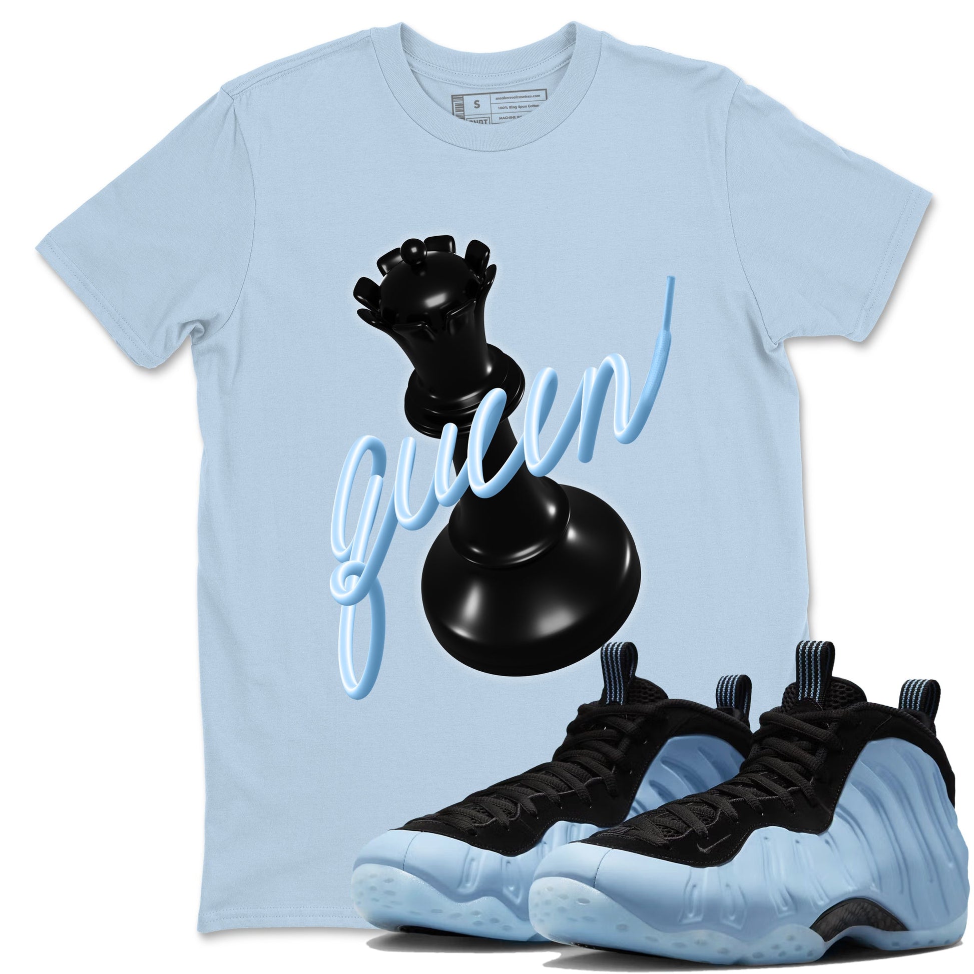 3D Queen sneaker match t-shirt styled to complete your fit with the Air Foamposite One Psychic Blue sneakers, shown in Light Blue 1.