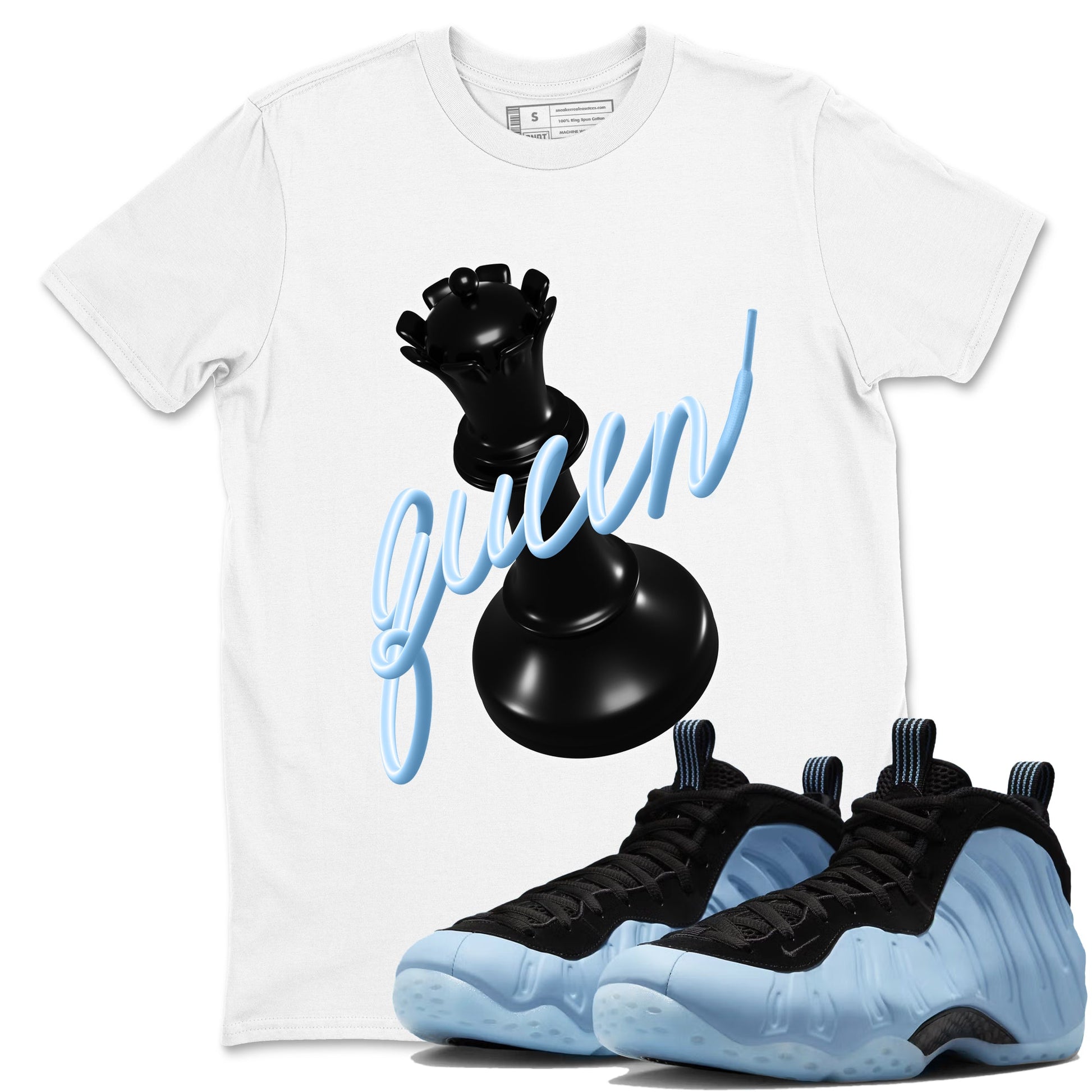 3D Queen sneaker match t-shirt styled to complete your fit with the Air Foamposite One Psychic Blue sneakers, shown in White 1.