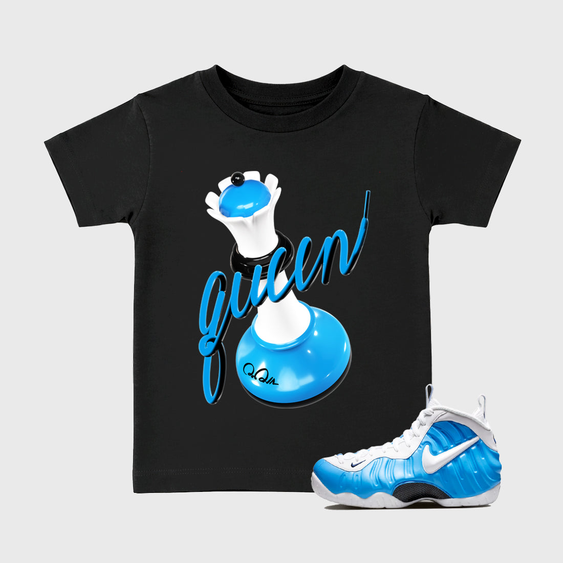 Best Sneakerfit Graphic Tee. Graphic Outfits. Sneaker Tees To Match Air Foamposite Pro University Blue Sneakers – 3D Queen Kids T-Shirt Black 1