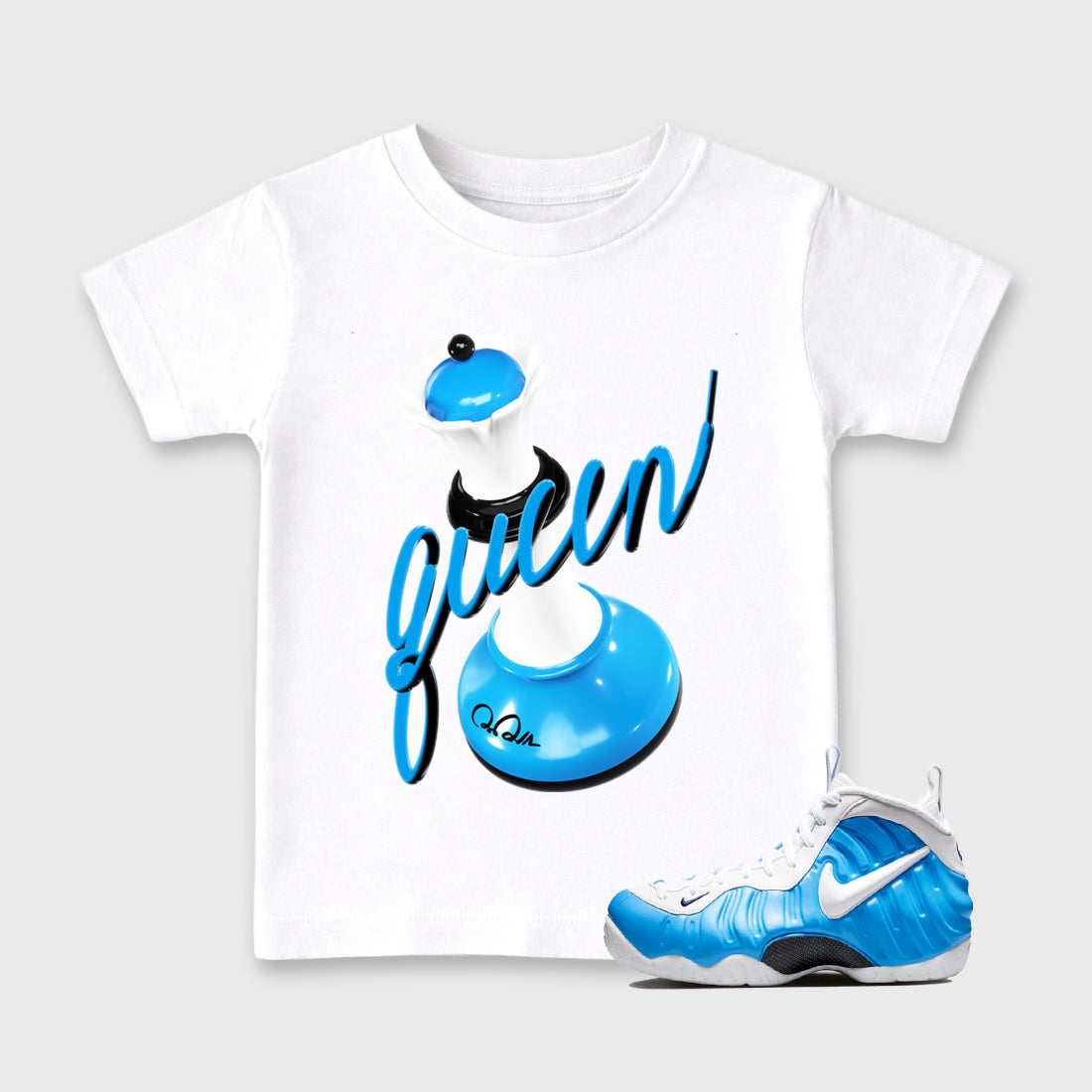 Best Sneakerfit Graphic Tee. Graphic Outfits. Sneaker Tees To Match Air Foamposite Pro University Blue Sneakers – 3D Queen Kids T-Shirt White 1