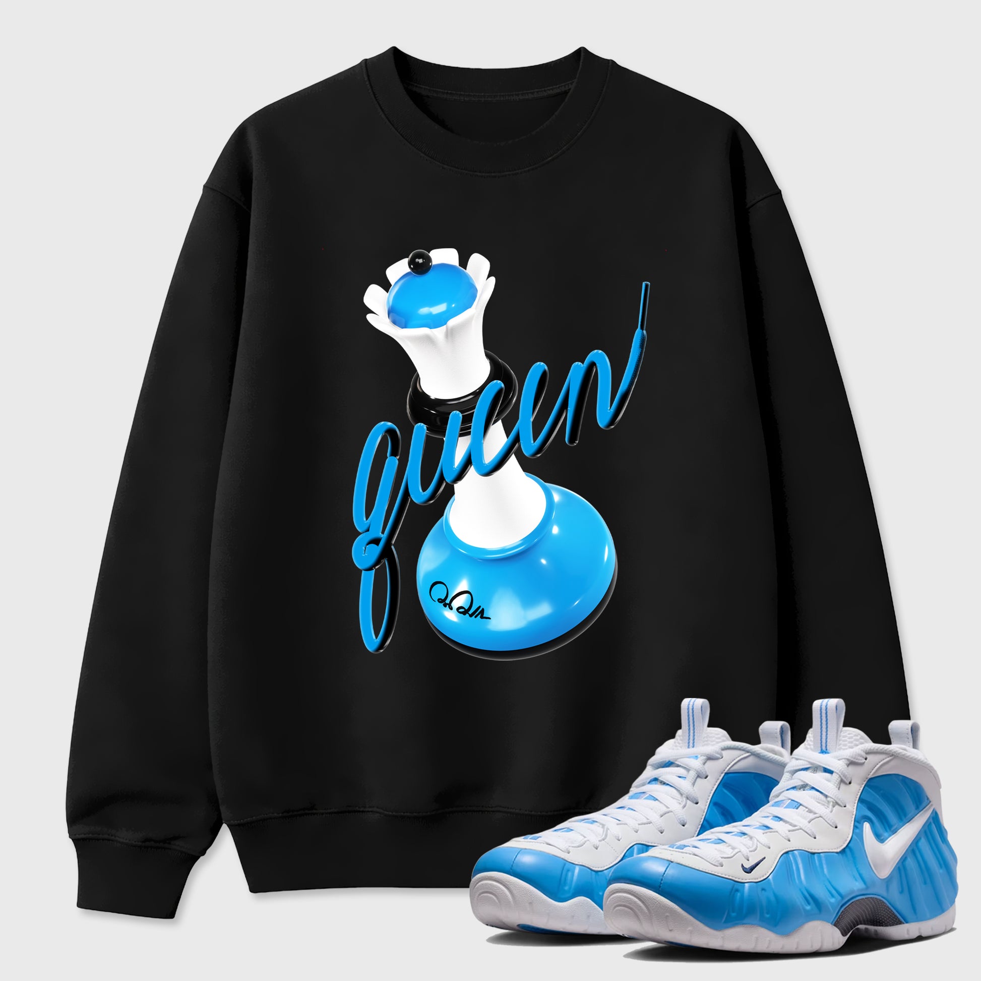 Best Sneakerfit Graphic Tee. Graphic Outfits. Sneaker Tees To Match Air Foamposite Pro University Blue Sneakers – 3D Queen Tee Black 1