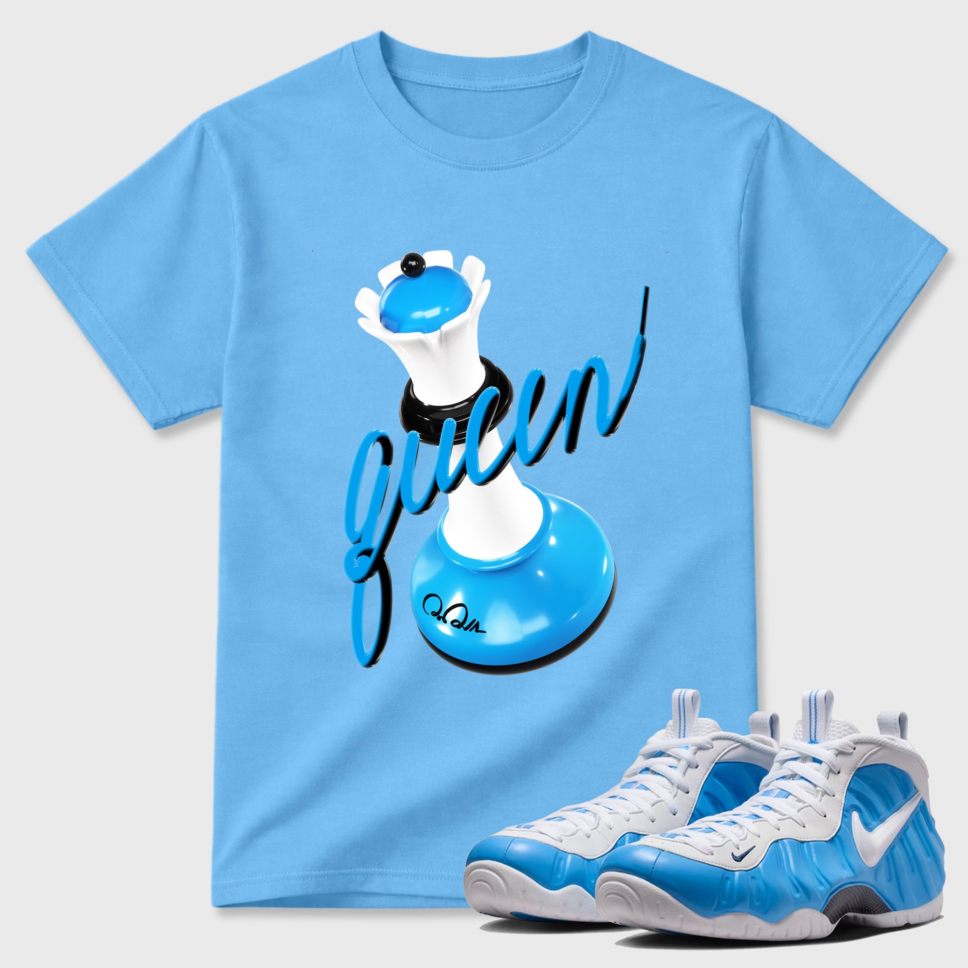 Best Sneakerfit Graphic Tee. Graphic Outfits. Sneaker Tees To Match Air Foamposite Pro University Blue Sneakers – 3D Queen Tee Carolina Blue 1