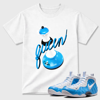 Best Sneakerfit Graphic Tee. Graphic Outfits. Sneaker Tees To Match Air Foamposite Pro University Blue Sneakers – 3D Queen Tee White 1
