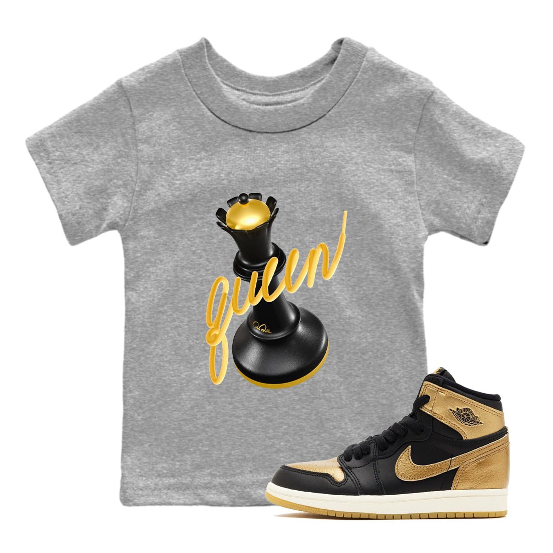 1s Black Metallic Gold shirts to match jordans 3D Queen sneaker match tees Air Jordan 1 Black Metallic Gold SNRT Sneaker Tees streetwear brand Baby and Youth Heather Grey 1 cotton tee