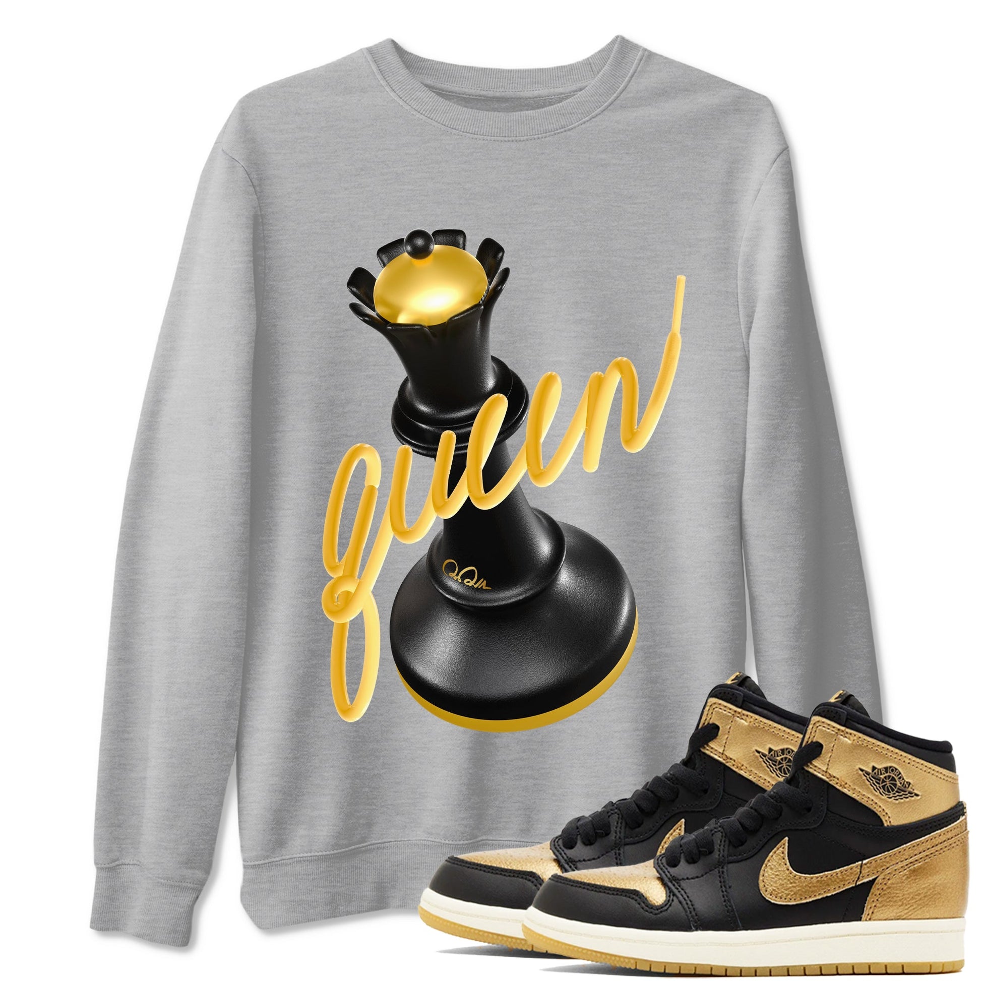 1s Black Metallic Gold shirts to match jordans 3D Queen sneaker match tees Air Jordan 1 Black Metallic Gold SNRT Sneaker Tees streetwear brand Heather Grey 1 unisex cotton tee