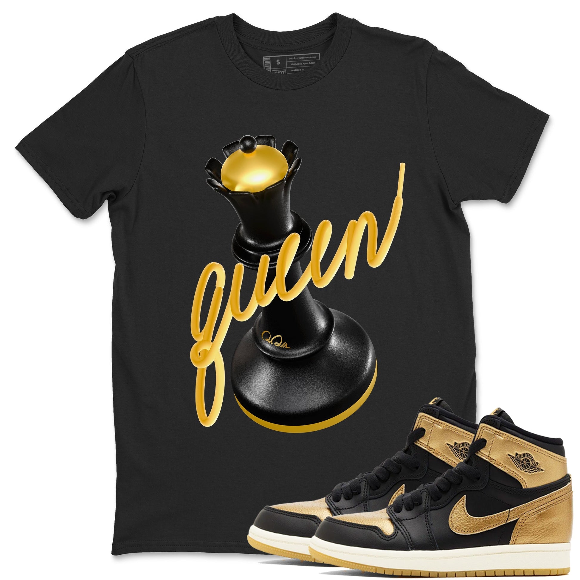 1s Black Metallic Gold shirts to match jordans 3D Queen sneaker match tees Air Jordan 1 Black Metallic Gold SNRT Sneaker Tees streetwear brand Black 1 unisex cotton tee
