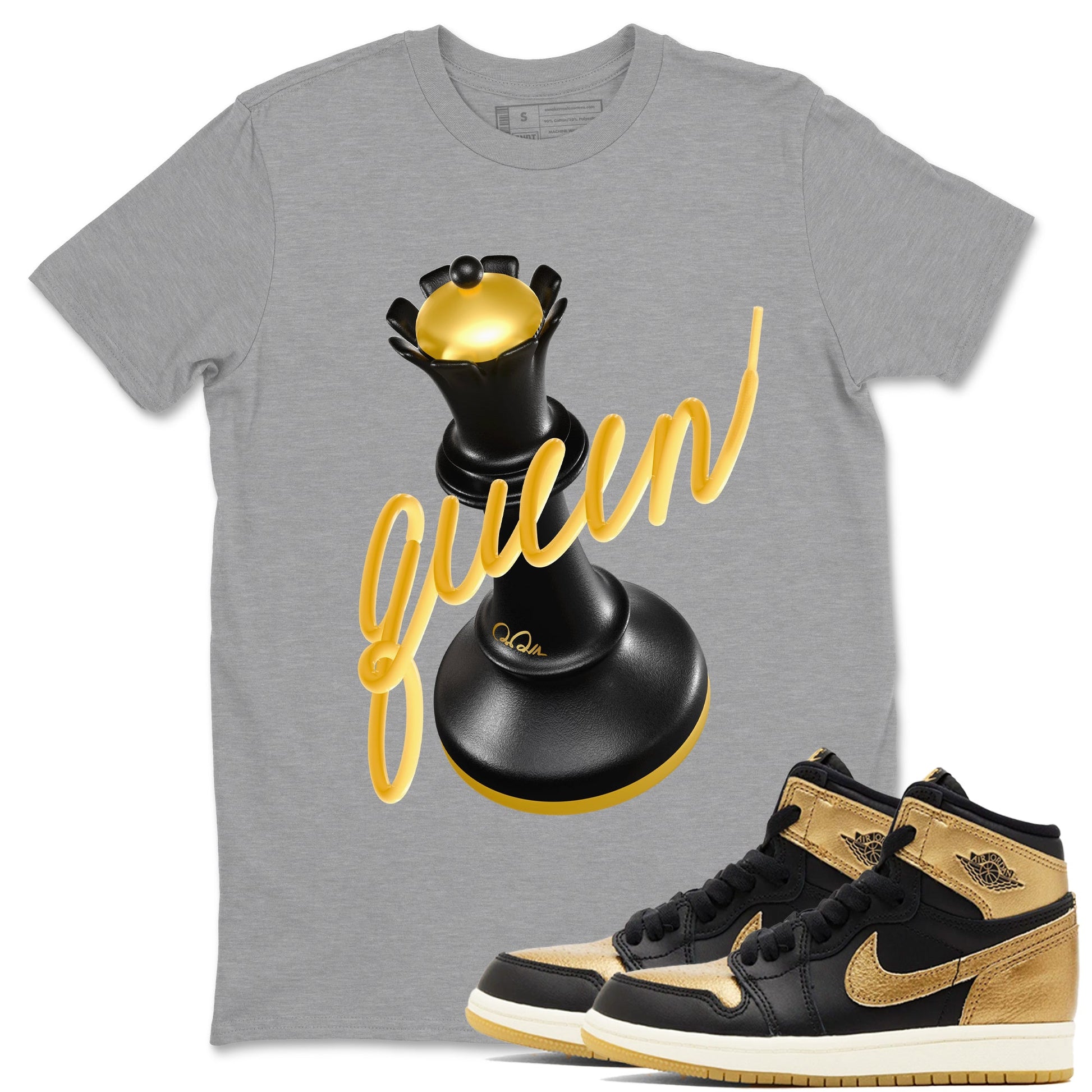 1s Black Metallic Gold shirts to match jordans 3D Queen sneaker match tees Air Jordan 1 Black Metallic Gold SNRT Sneaker Tees streetwear brand Heather Grey 1 unisex cotton tee