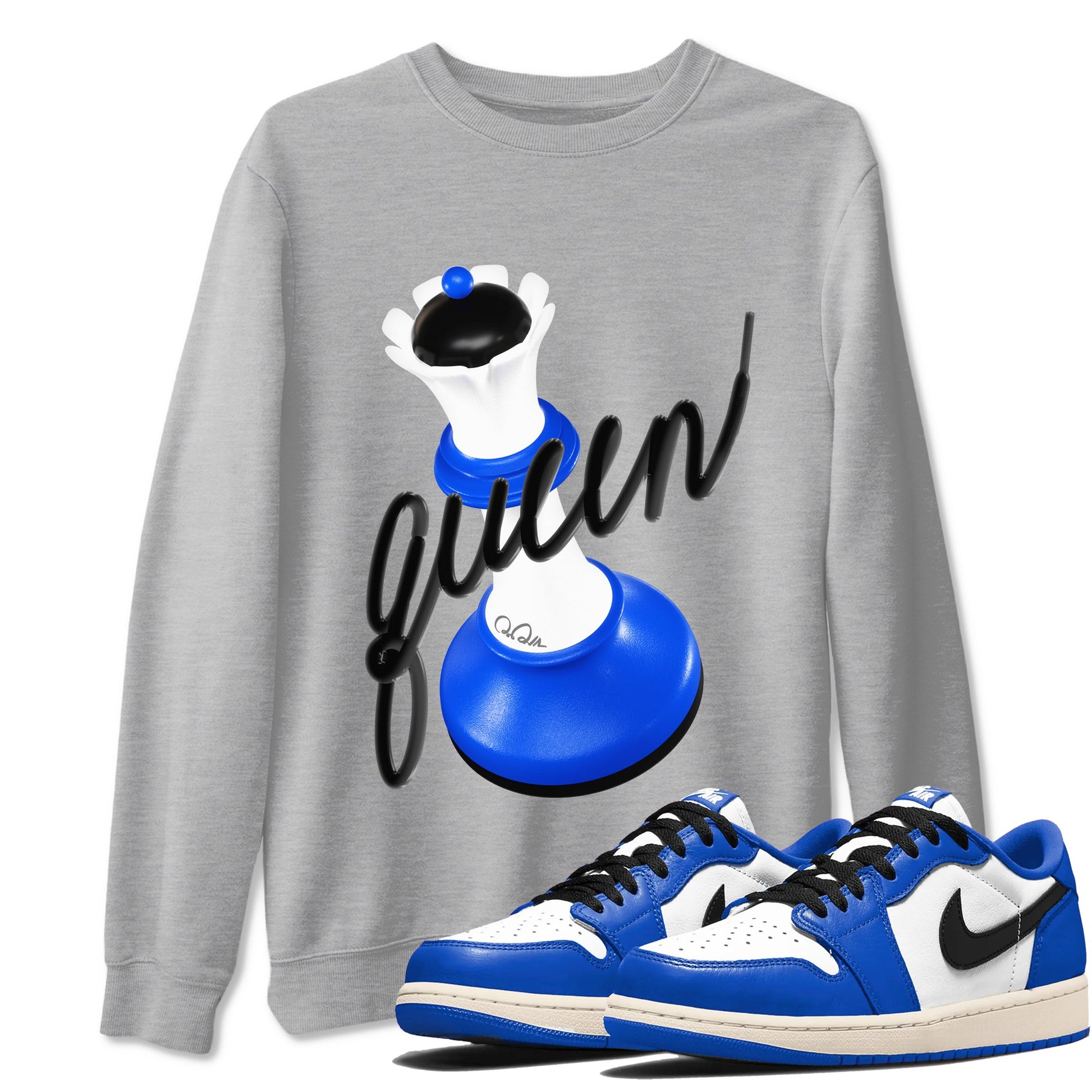 AJ1 Game Royal shirt to match jordans 3D Queen sneaker tees Air Jordan 1 Game Royal SNRT Sneaker Release Tees unisex cotton Heather Grey 1 crew neck shirt