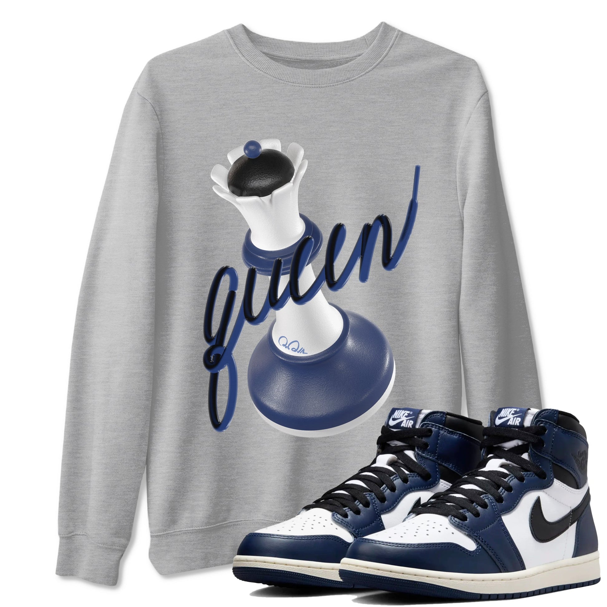 1s Midnight Navy shirts to match jordans 3D Queen sneaker match tees Air Jordan 1 Midnight Navy match shoes to clothes SNRT Sneaker Tees unisex cotton Heather Grey 1 shirts