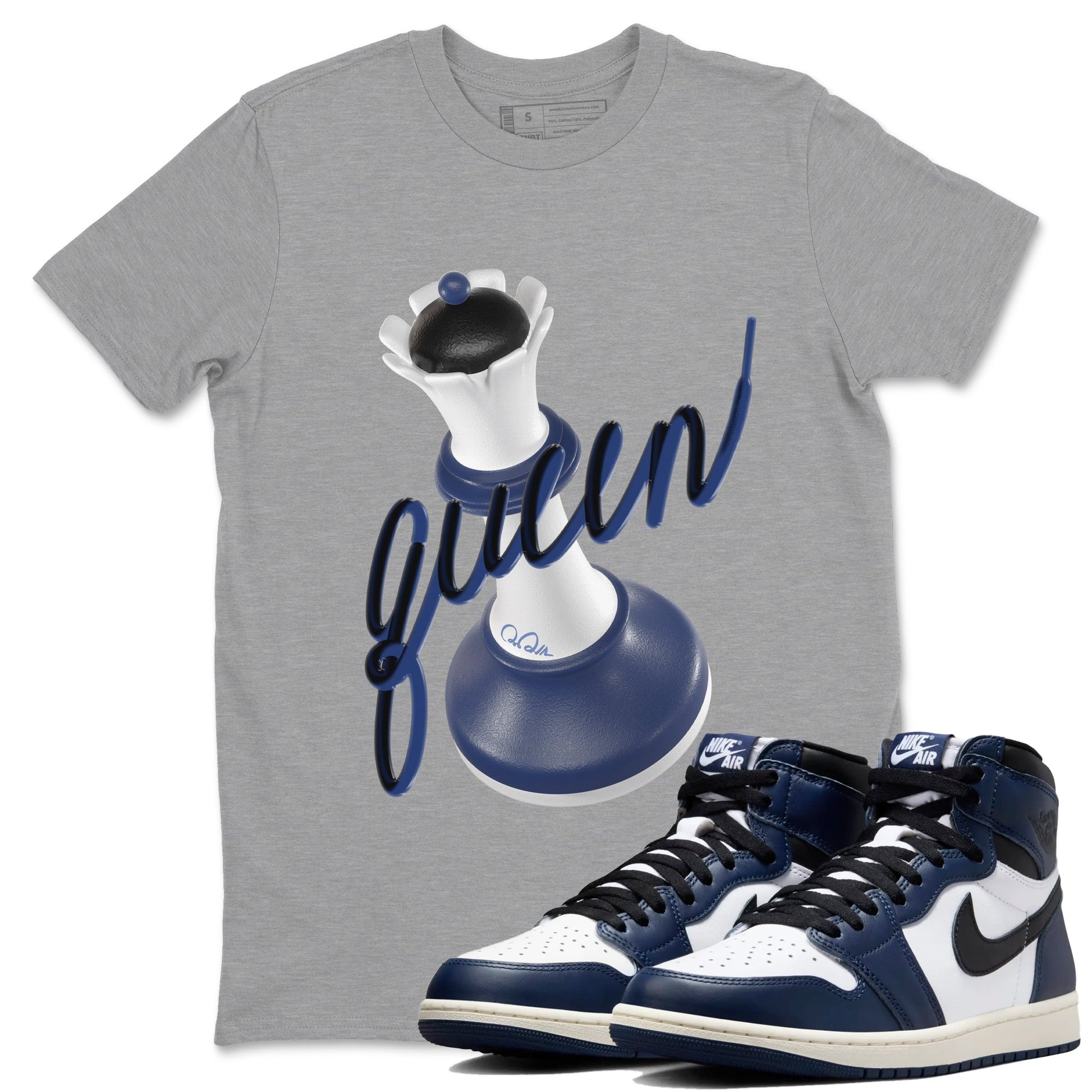 1s Midnight Navy shirts to match jordans 3D Queen sneaker match tees Air Jordan 1 Midnight Navy match shoes to clothes SNRT Sneaker Tees unisex cotton Heather Grey 1 shirts