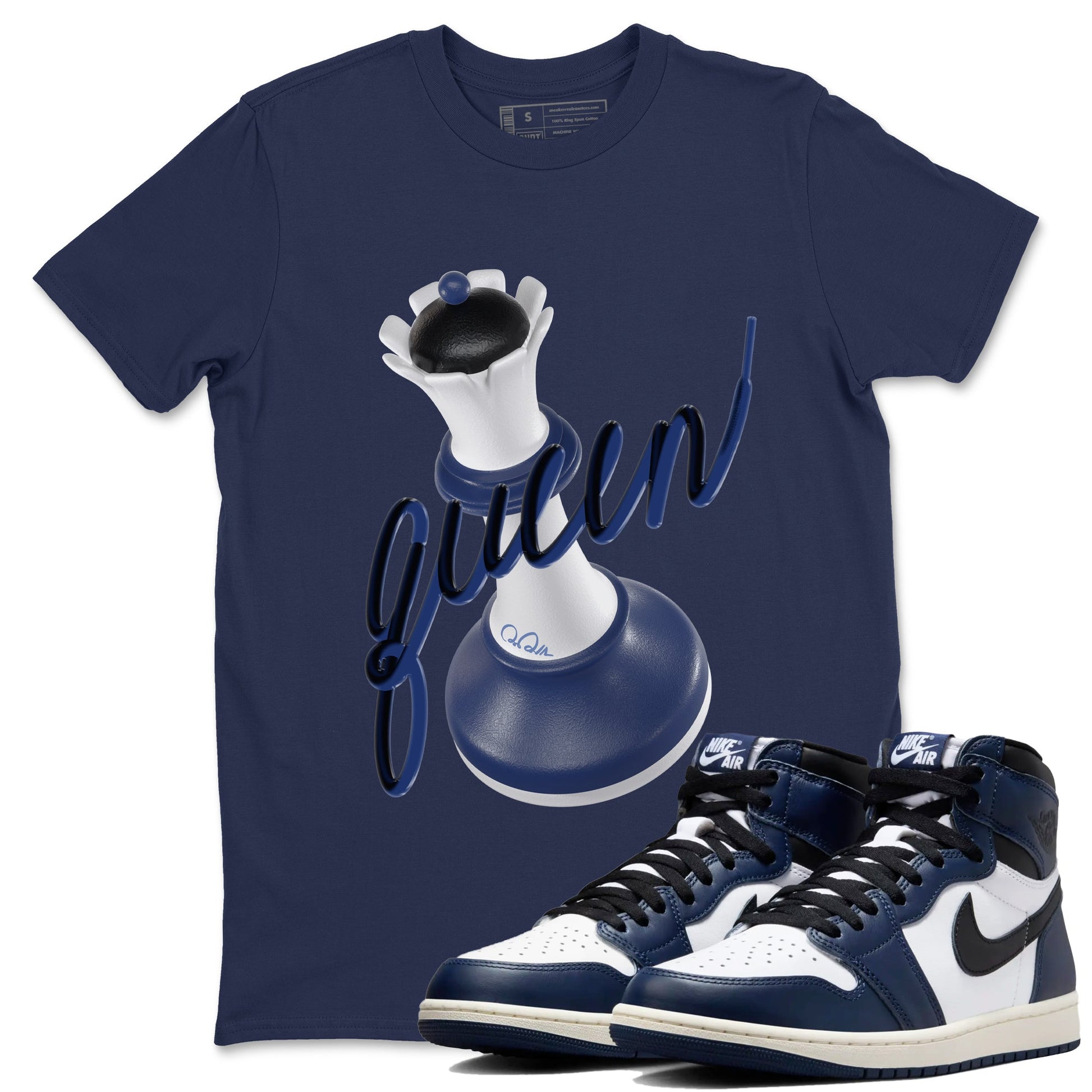 1s Midnight Navy shirts to match jordans 3D Queen sneaker match tees Air Jordan 1 Midnight Navy match shoes to clothes SNRT Sneaker Tees unisex cotton Navy 1 shirts
