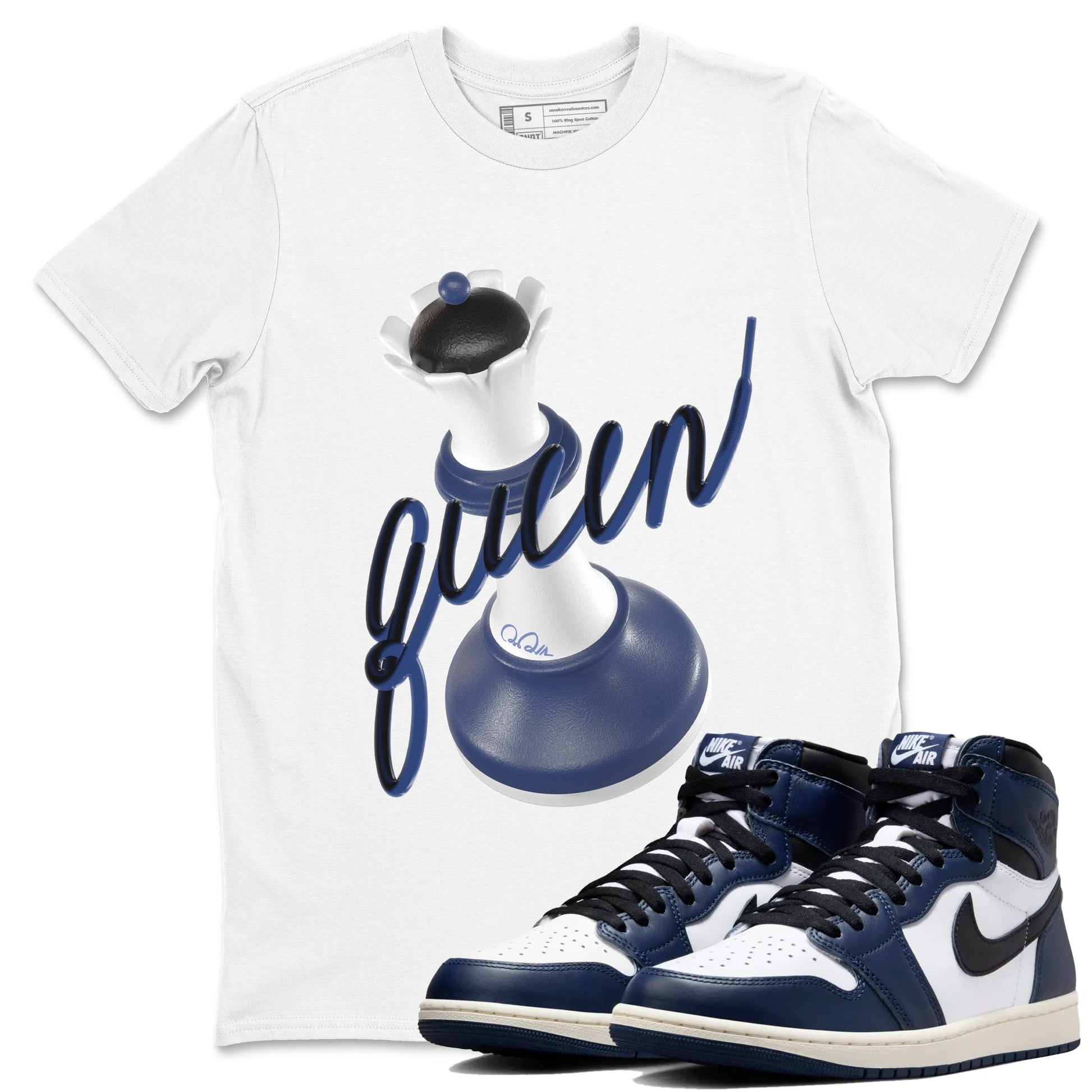1s Midnight Navy shirts to match jordans 3D Queen sneaker match tees Air Jordan 1 Midnight Navy match shoes to clothes SNRT Sneaker Tees unisex cotton White 1 shirts