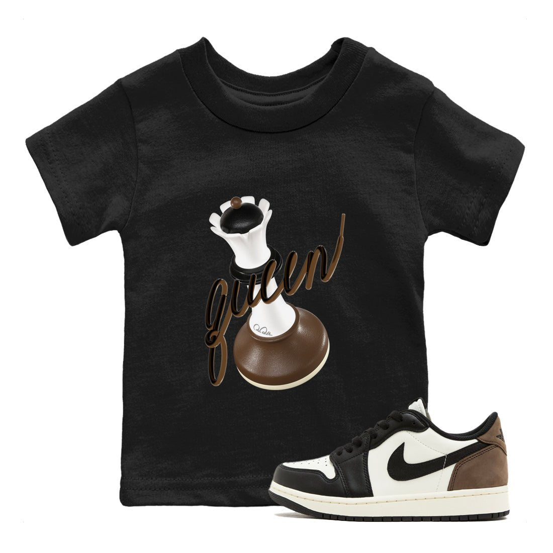 1s Low OG Mocha shirts to match jordans 3D Queen sneaker match tees Air Jordan 1 Mocha match shoes to clothes SNRT Sneaker Tees Youth Baby Black 1 tee