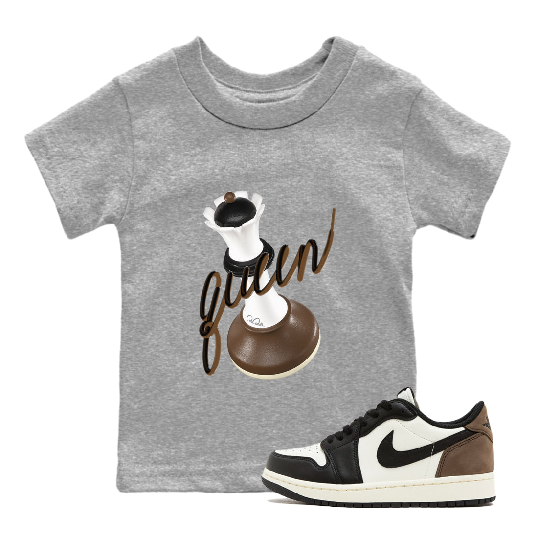 1s Low OG Mocha shirts to match jordans 3D Queen sneaker match tees Air Jordan 1 Mocha match shoes to clothes SNRT Sneaker Tees Youth Baby Heather Grey 1 tee