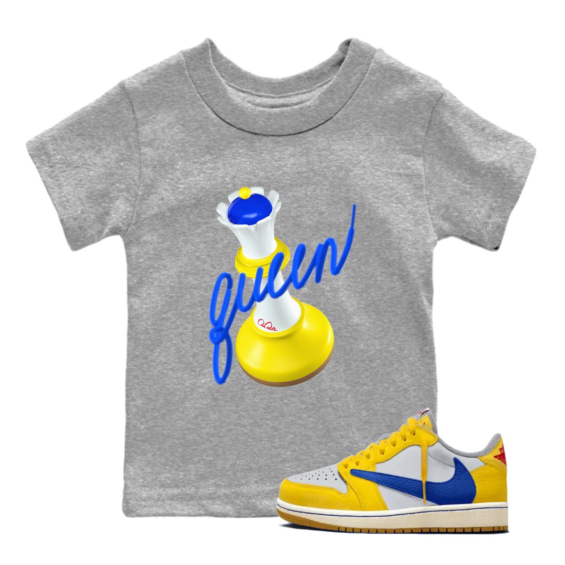 1s Travis Scott Canary shirt to match jordans 3D Queen sneaker tees Air Jordan 1 Travis Scott Canary SNRT sneaker release tees baby toddler Heather Grey 1 cotton Shirt