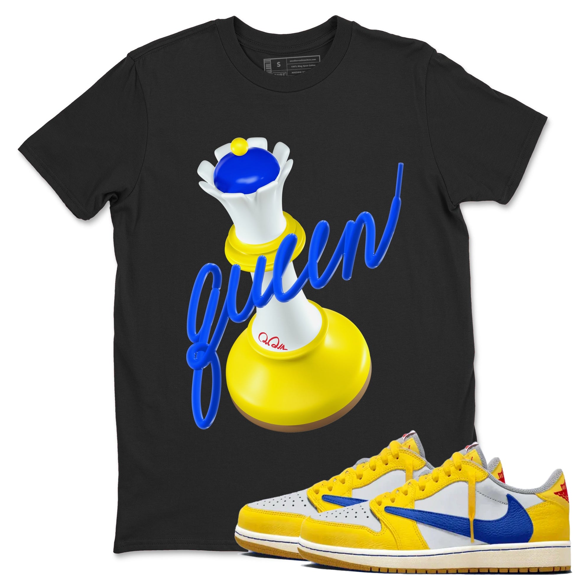 1s Travis Scott Canary shirt to match jordans 3D Queen sneaker tees Air Jordan 1 Travis Scott Canary SNRT Sneaker Release Tees unisex cotton Black 1 crew neck shirt